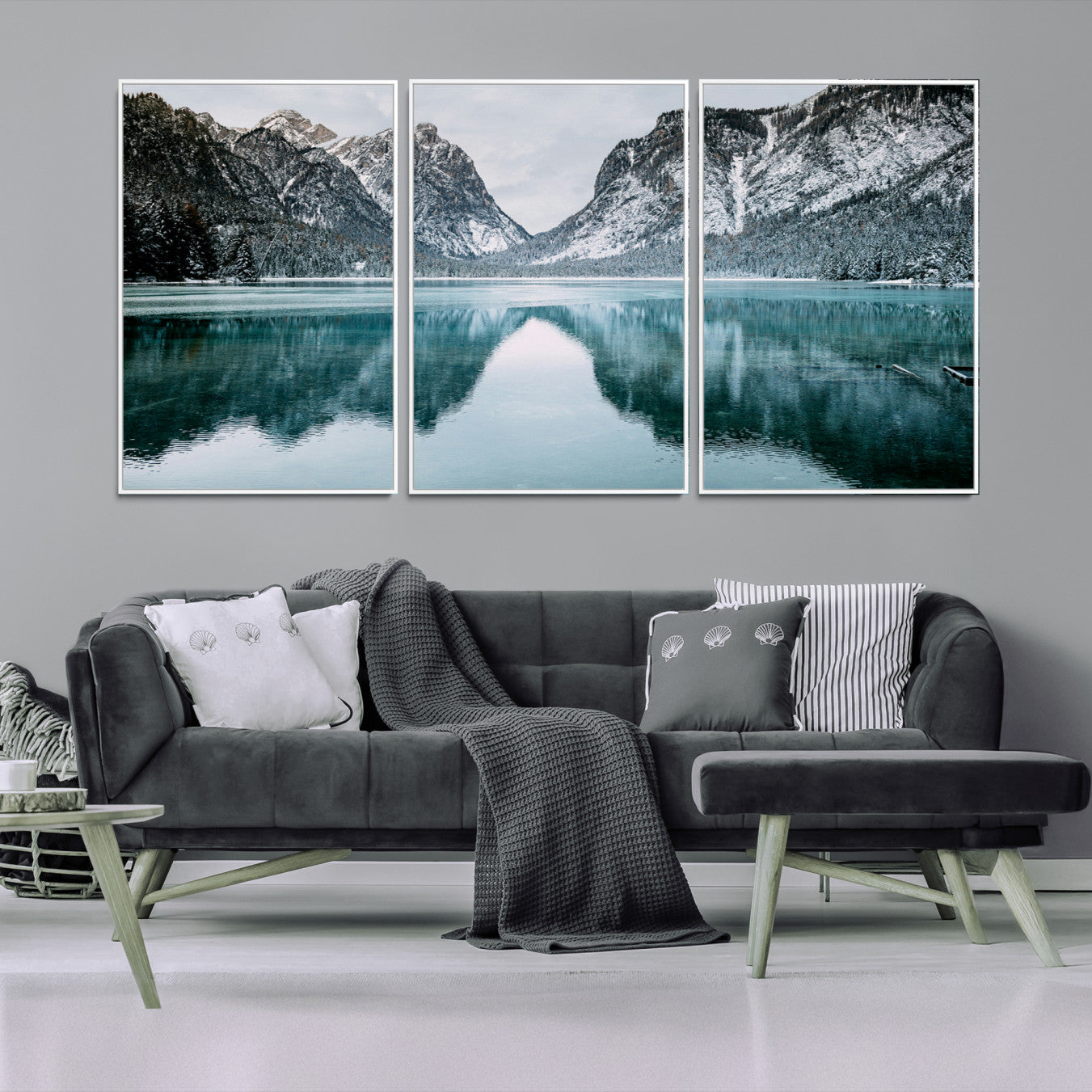 73098373-MGV-FC-60X30-3P-Mountain Lake Wall Art Canvas Print – Snowy Peaks Winter Wonderland Scene Serene Nature Landscape Artwork for Home Office