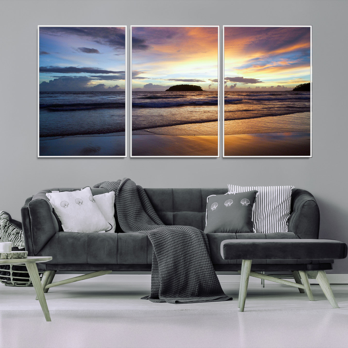 36714356-MGV-FC-60X30-3P-Beach Sunset Wall Art Canvas Print – Tropical Ocean Waves Golden Sky Serene Seascape Nature Artwork for Home Office