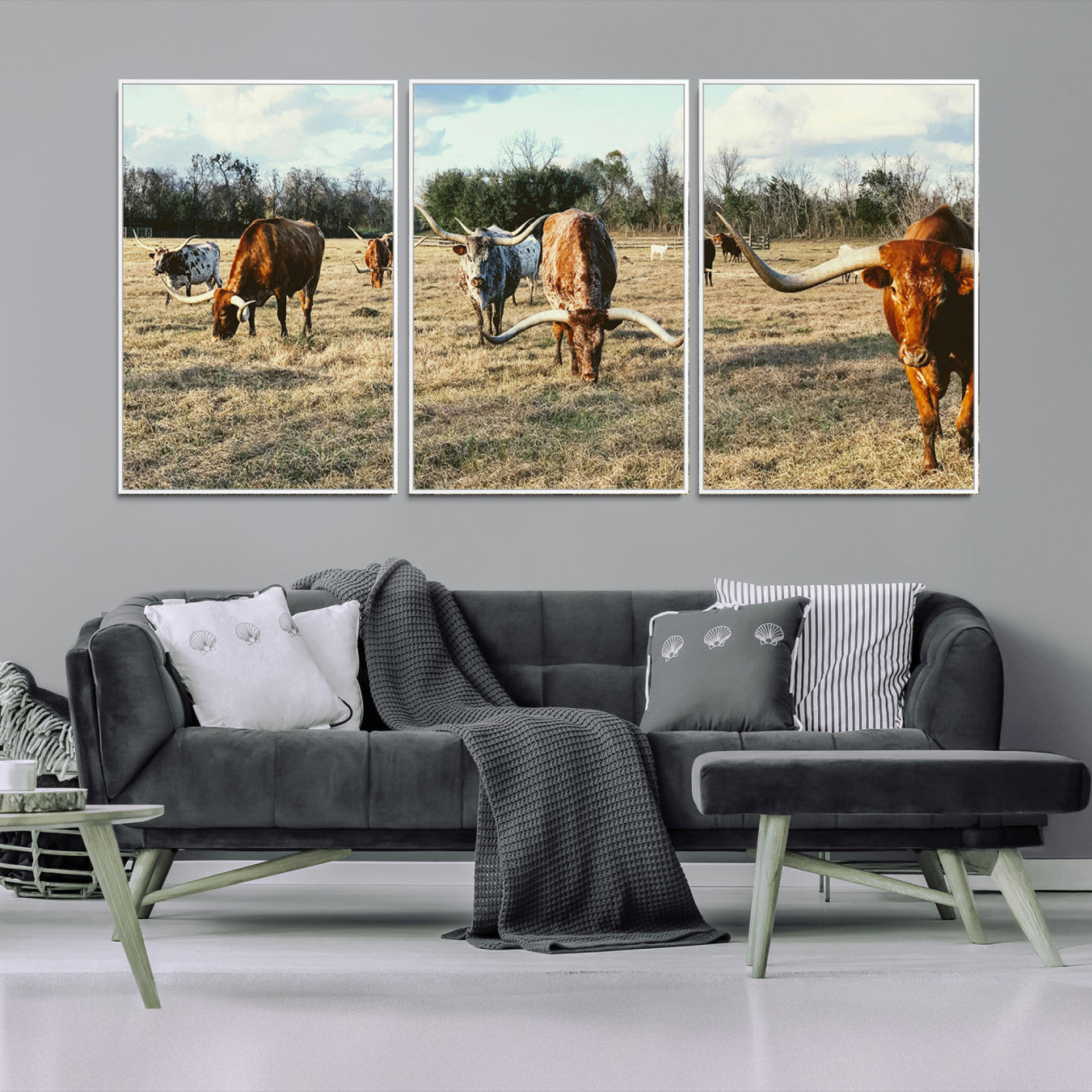39144651-MGV-FC-60X30-3P-Texas Longhorns Wall Art Canvas Print – Rustic Western Farm Scene Cattle Country Landscape Artwork for Home Office