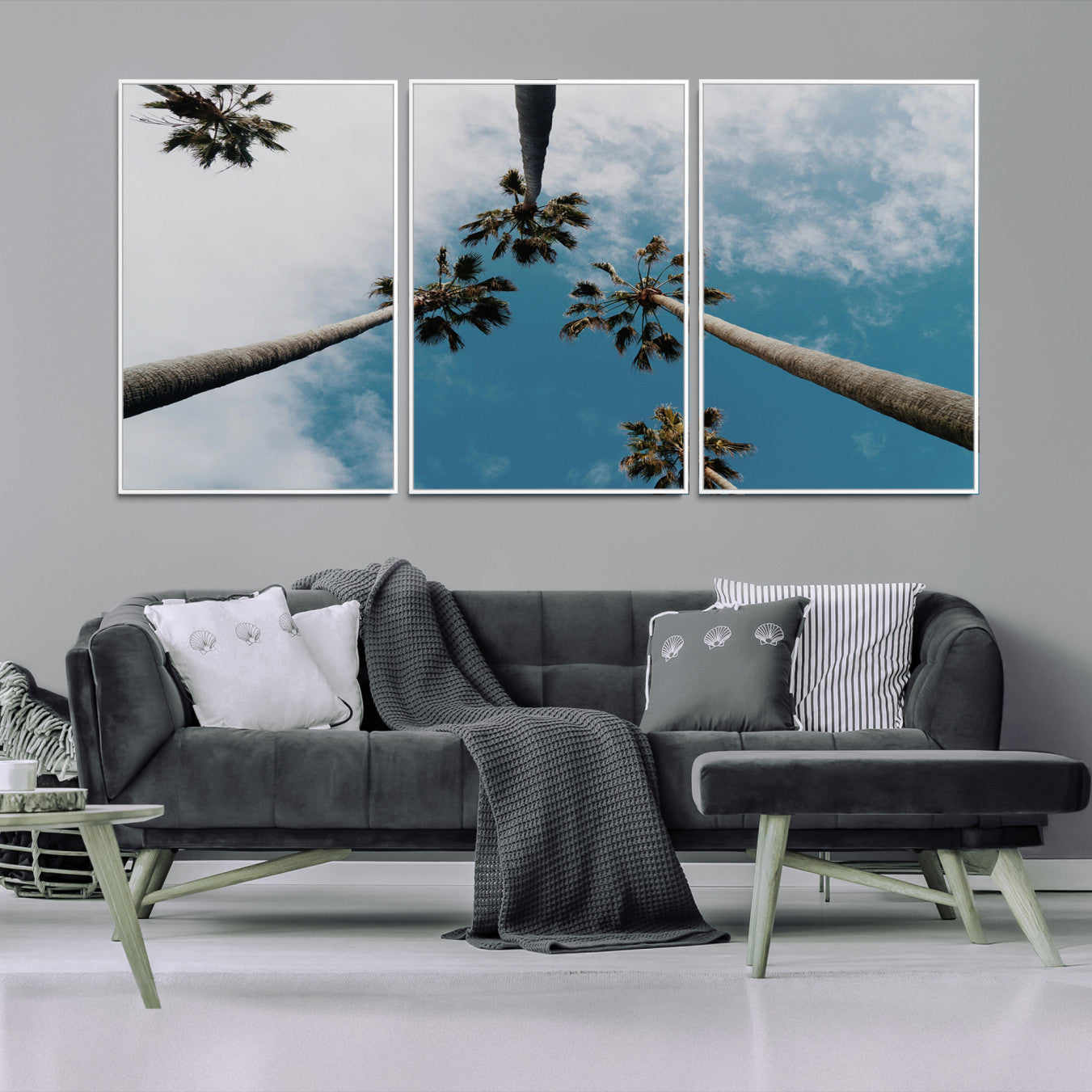 45236398-MGV-FC-60X30-3P-Tropical Palm Trees Wall Art Canvas Print – Framed California Sky Minimalist Nature Scene Artwork for Home Office
