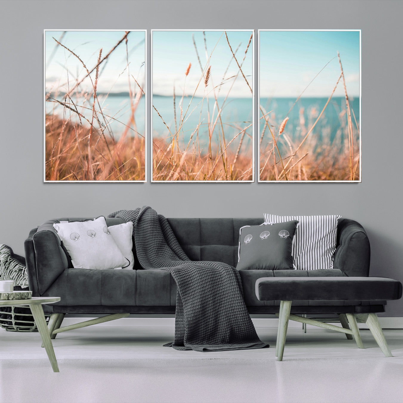 36108696-MGV-FC-60X30-3P-Coastal Grass Landscape Wall Art Canvas Print – Golden Shoreline Nature Scene Serene Ocean View Artwork for Home Office