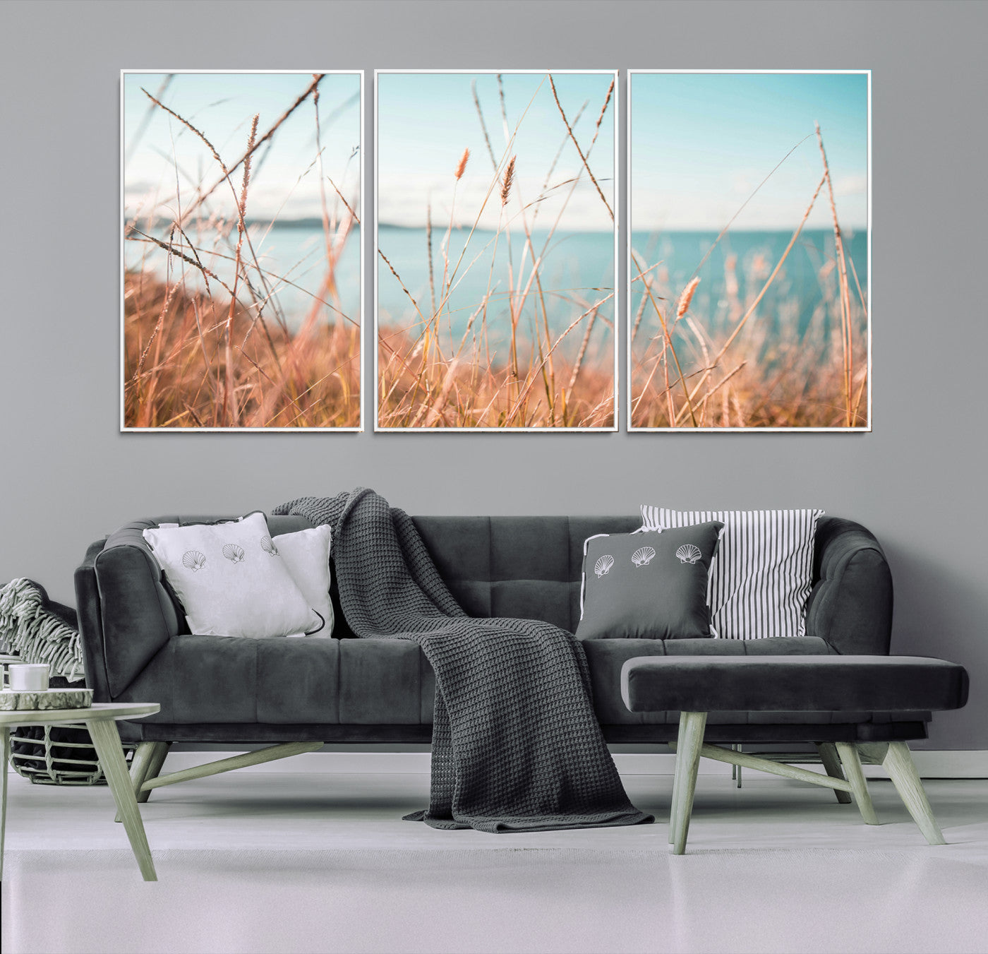 36108696-MGV-FC-60X30-3P-Coastal Grass Landscape Wall Art Canvas Print – Golden Shoreline Nature Scene Serene Ocean View Artwork for Home Office