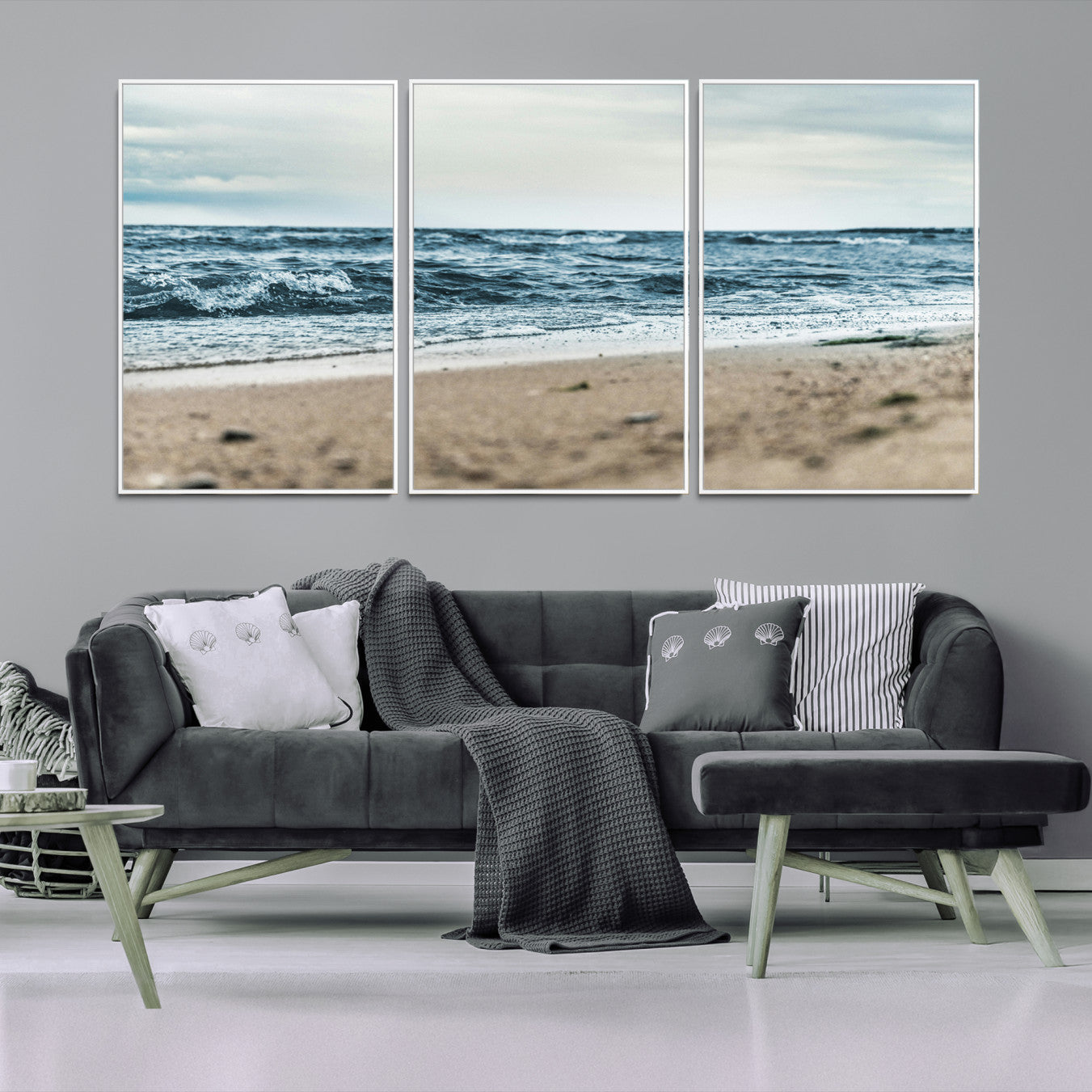 81812590-MGV-FC-60X30-3P-Ocean Wall Art Canvas Print – Moody Coastal Seascape Scene Framed Beach Waves Nature Artwork for Home Office