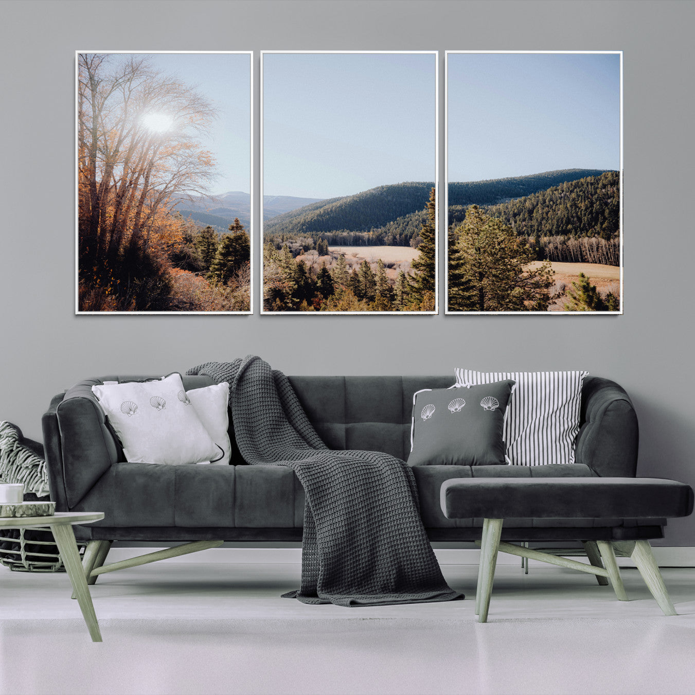 52941305-MGV-FC-60X30-3P-Rustic Landscape Wall Art Canvas Print – Serene Valley Scene Pine Tree Horizon Nature Artwork for Home Office