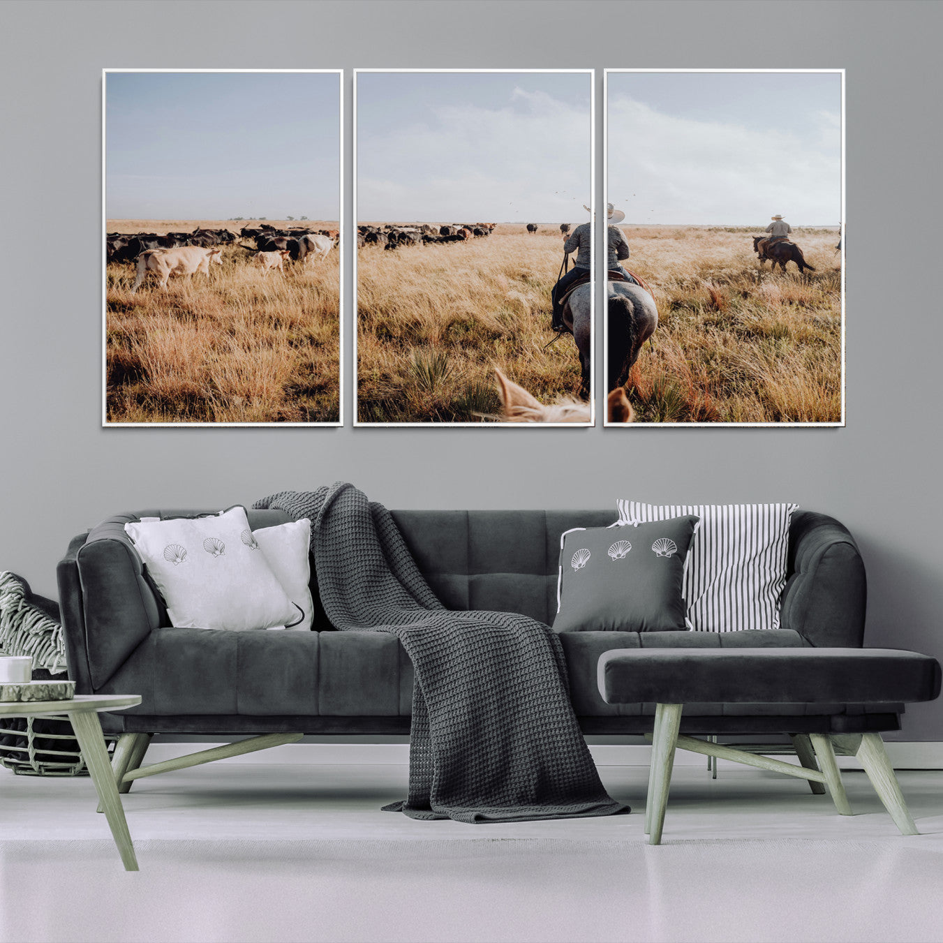 22431577-MGV-FC-60X30-3P-Western Wall Art Canvas Print – Framed Cowboy Cattle Drive Scene Rustic Ranch Landscape Artwork for Home Office