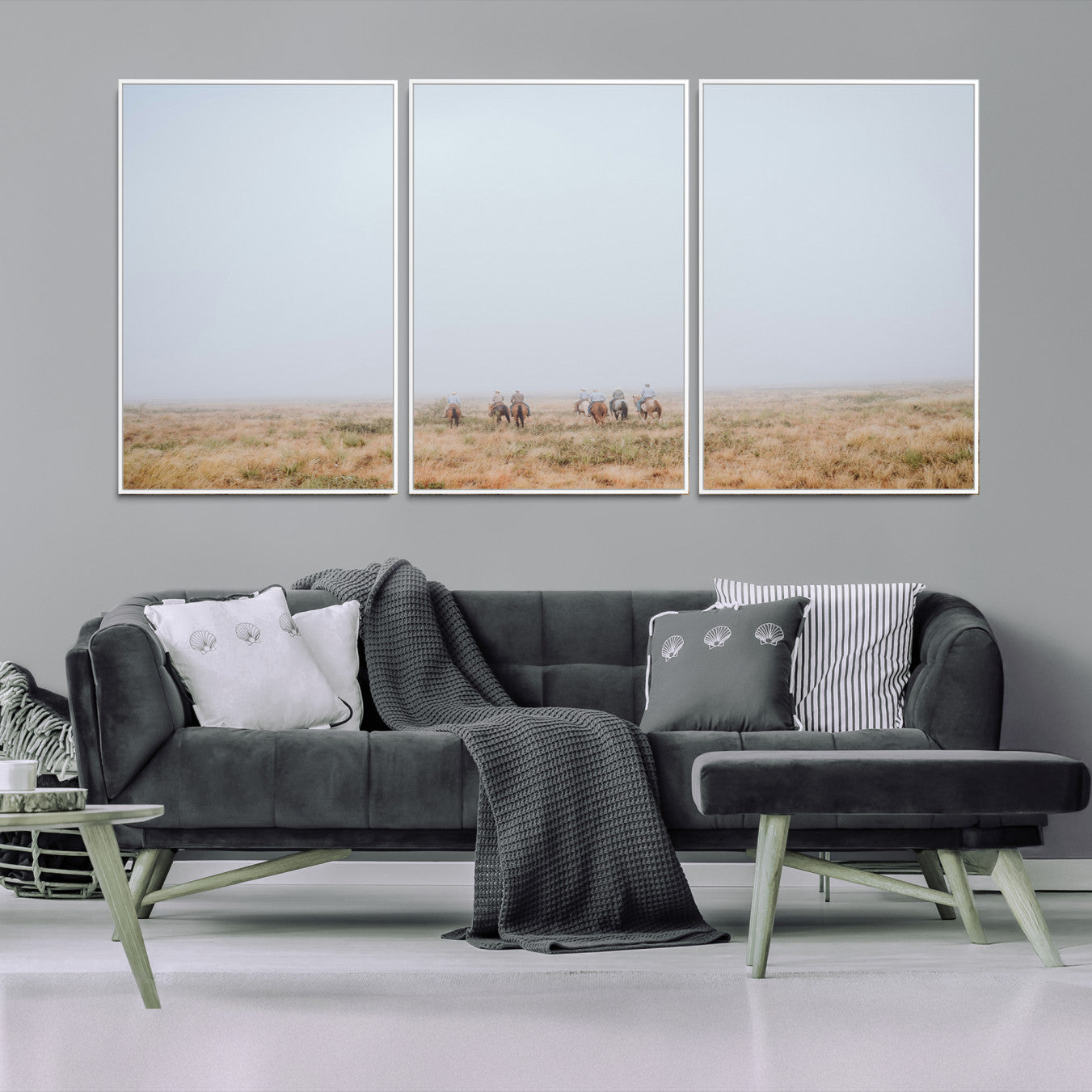 14761944-MGV-FC-60X30-3P-Foggy Plains Wall Art Canvas Print – Framed Horseback Riders Rustic Western Landscape Scene Artwork for Home Office