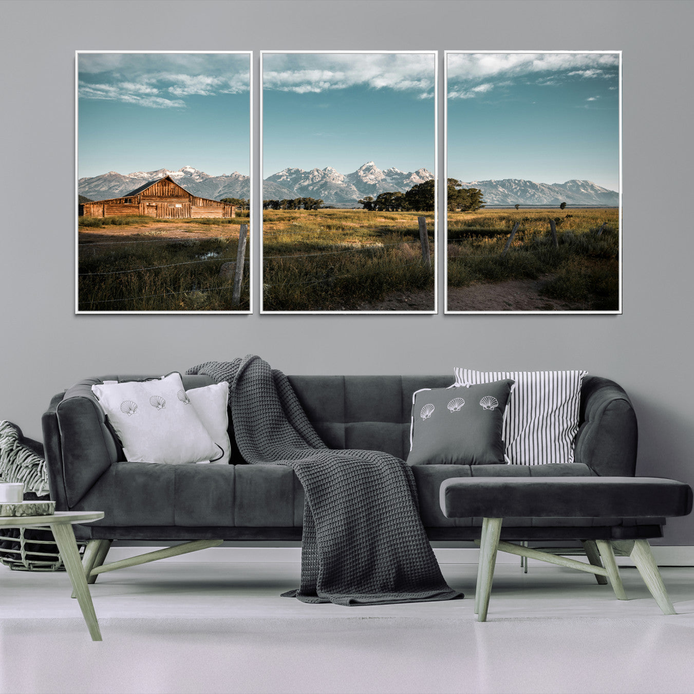92497443-MGV-FC-60X30-3P-Rustic Farmhouse Wall Art Canvas Print – Framed Mountain Cabin Western Landscape Scene Artwork for Home Office
