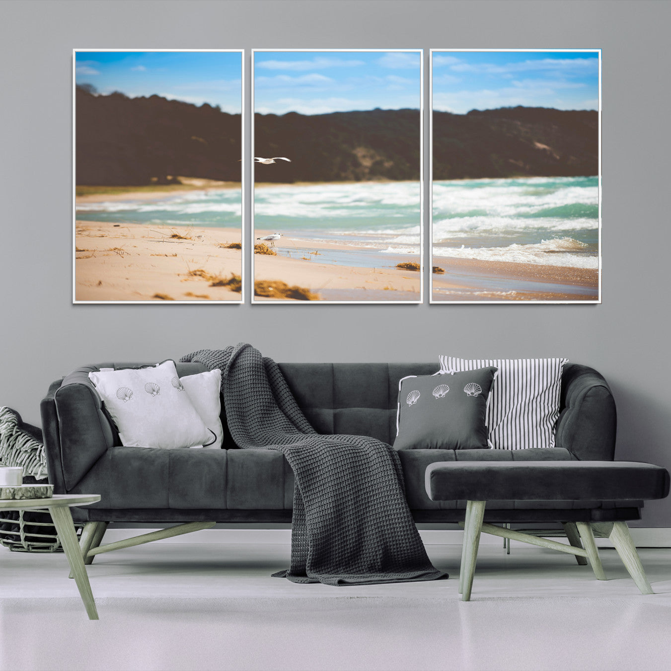 84260965-MGV-FC-60X30-3P-Tranquil Beach Scene Wall Art Canvas Print – Framed Blue Ocean Waves Sandy Shore Coastal Nature Artwork for Home Office