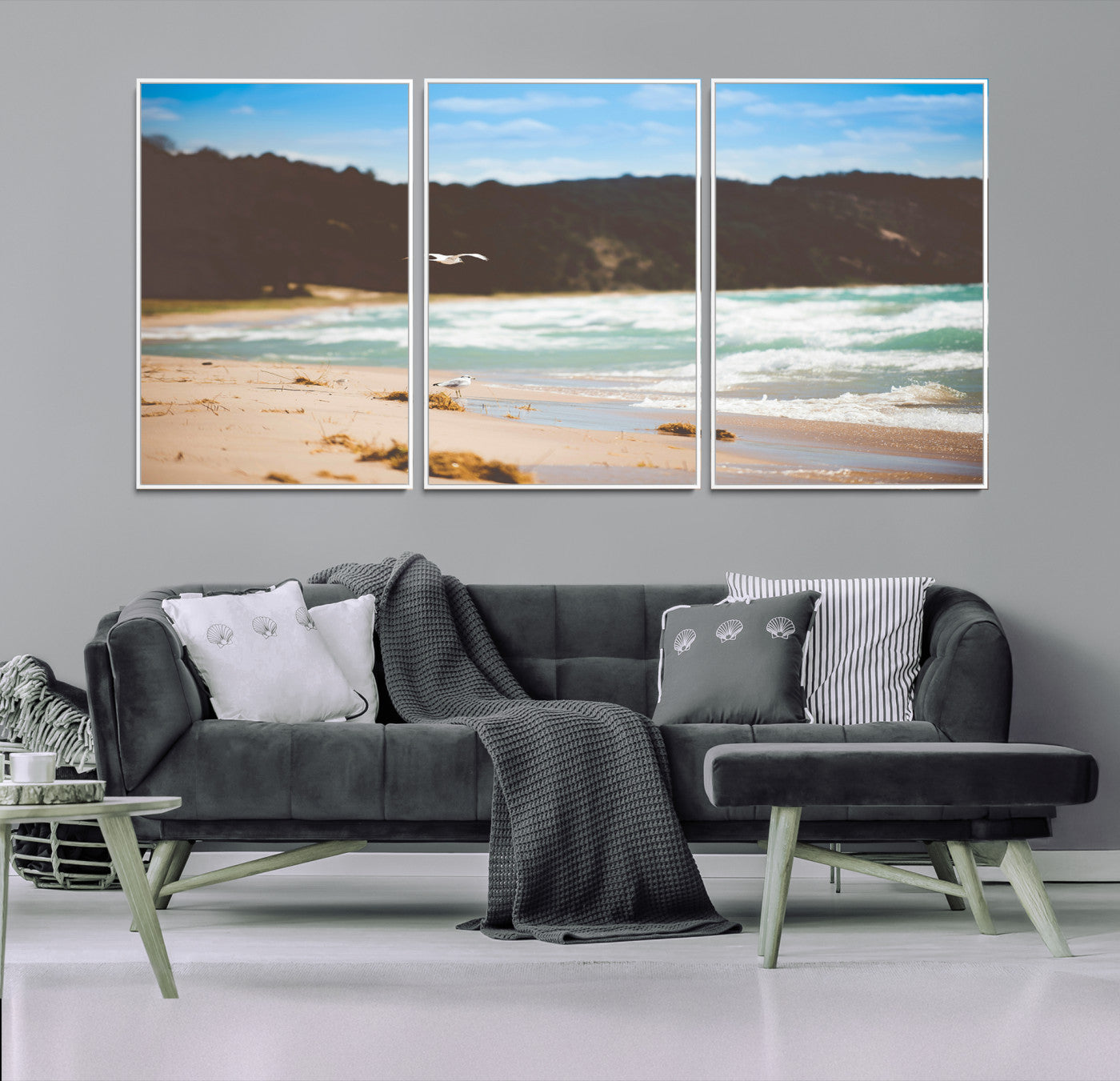 84260965-MGV-FC-60X30-3P-Tranquil Beach Scene Wall Art Canvas Print – Framed Blue Ocean Waves Sandy Shore Coastal Nature Artwork for Home Office