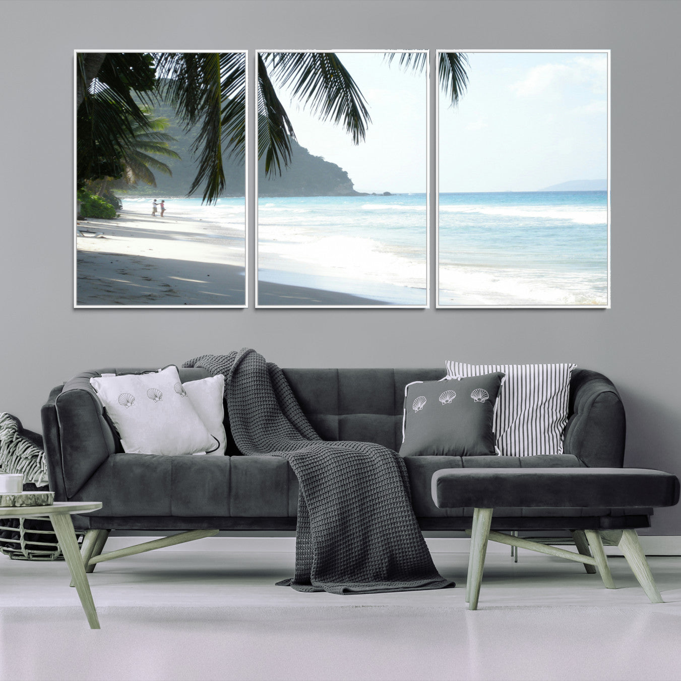 18311030-MGV-FC-60X30-3P-Tropical Beach Wall Art Canvas Print – Framed Serene Ocean Scene Palm Tree Shadows Coastal Nature Artwork for Home Office