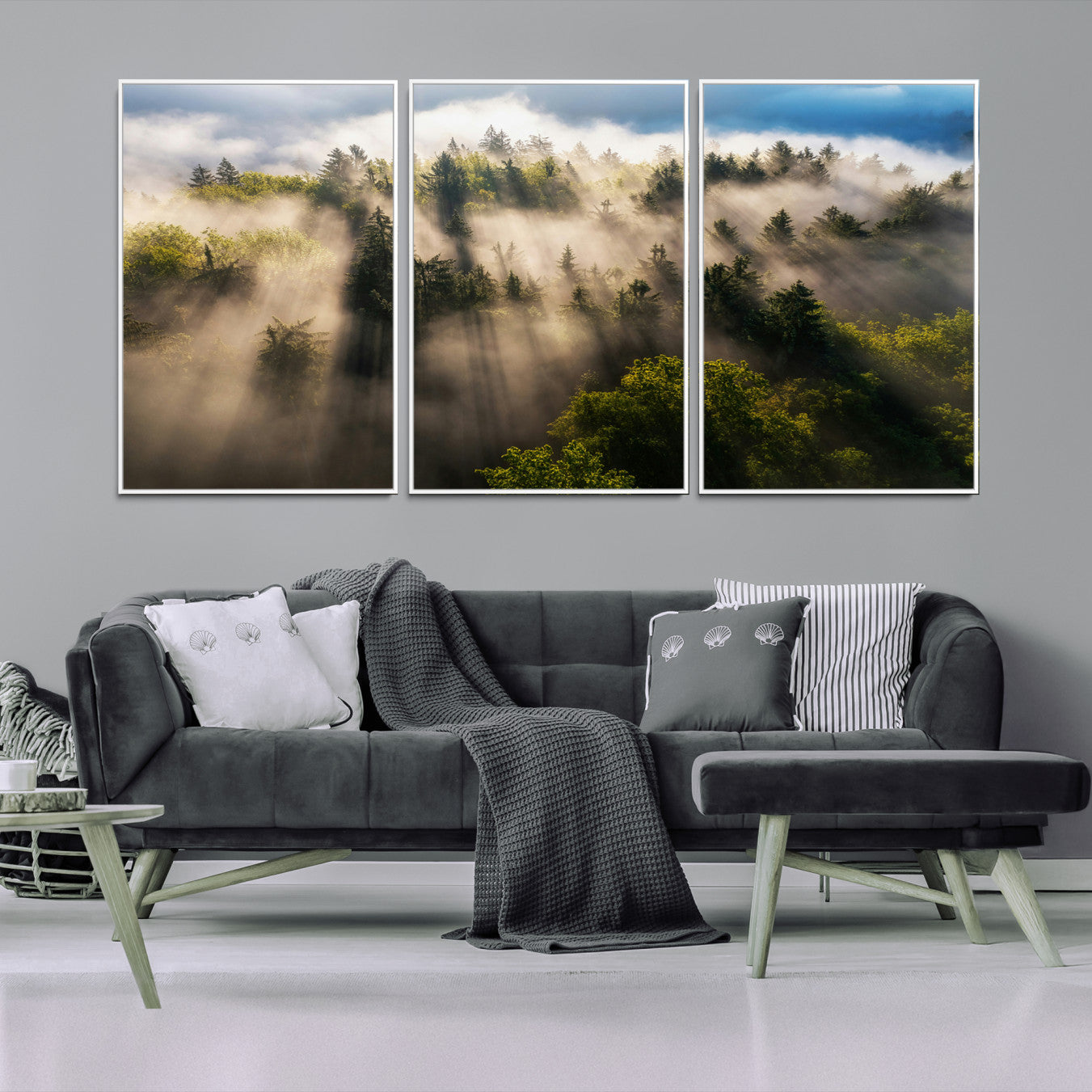 14785710-MGV-FC-60X30-3P-Tranquil Forest Scene Wall Art Canvas Print – Framed Moody Sunbeam Through Trees Nature Artwork for Home Office