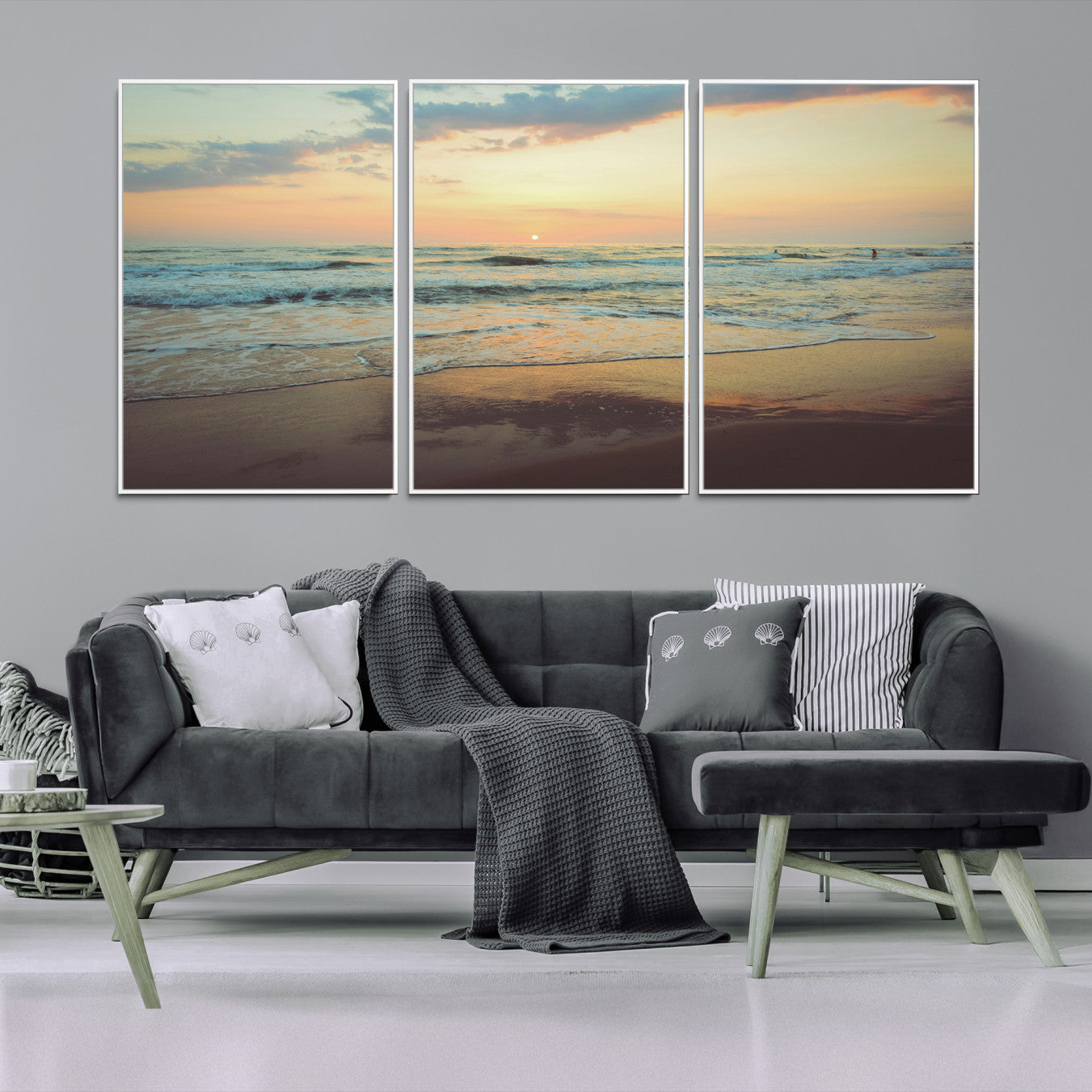 15261505-MGV-FC-60X30-3P-Sunset Seascape Wall Art Canvas Print – Framed Pastel Ocean View Tranquil Beach Scene Nature Artwork for Home Office