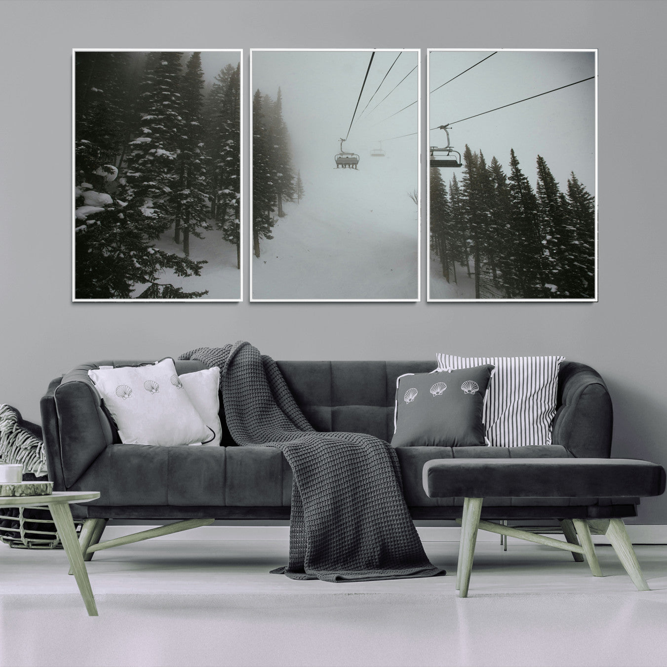 87018452-MGV-CV-36X24-Ski Lift Wall Art Canvas Print – Snowy Pines Misty Landscape Winter Serenity Artwork for Home, Office Decor