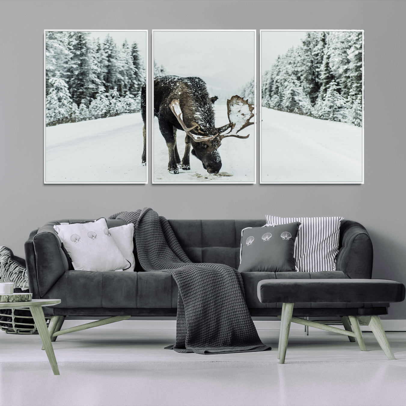-Moose Snow Wall Art Canvas Print – Framed Winter Wildlife Snowy Forest Nature Scene Artwork for Home, Office, Living Room