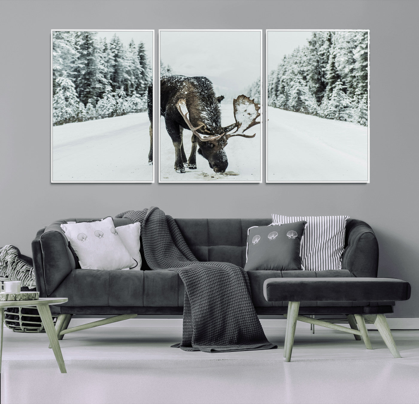 13316292-MGV-CV-36X24-Moose Snow Wall Art Canvas Print – Framed Winter Wildlife Snowy Forest Nature Scene Artwork for Home, Office, Living Room