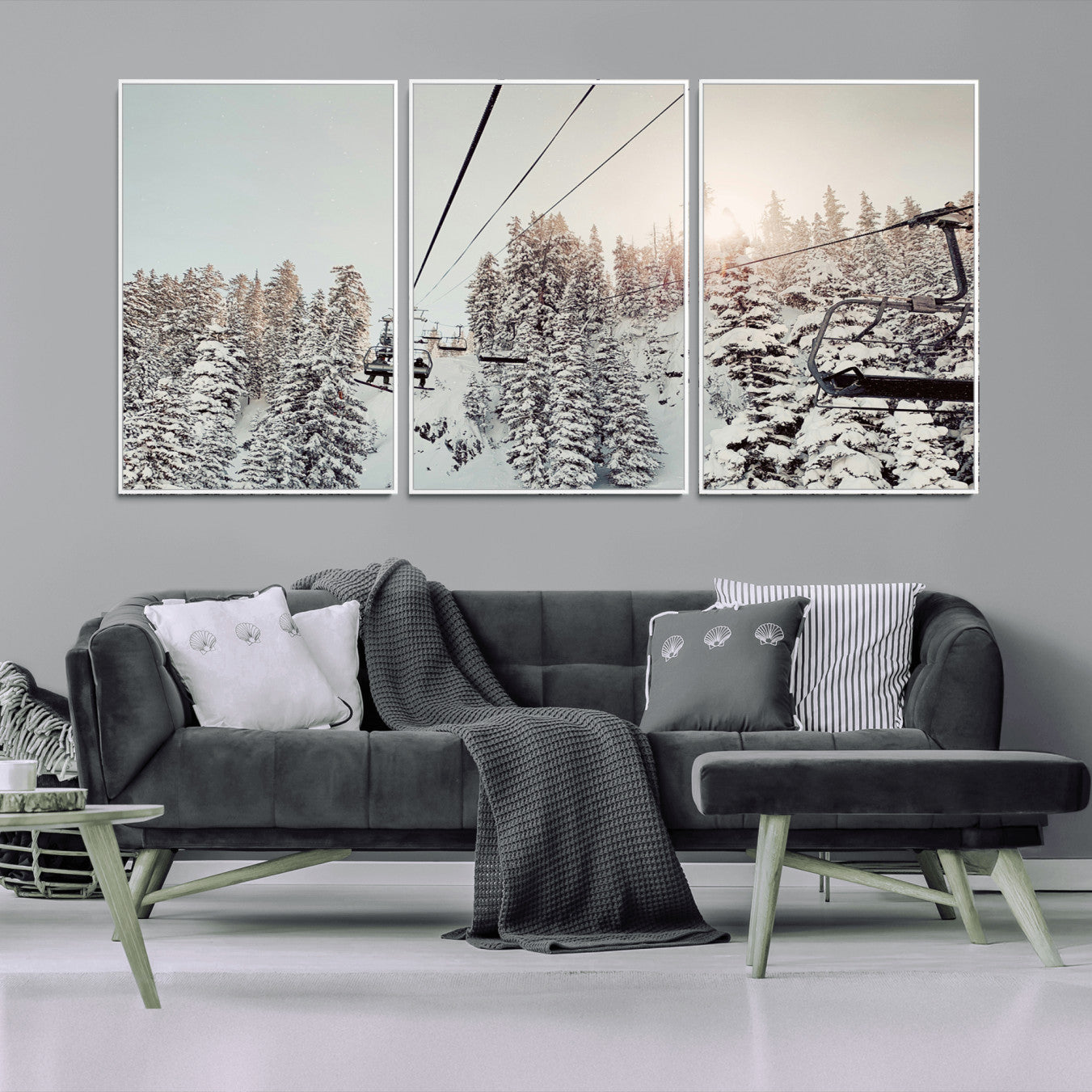 91534512-MGV-FC-60X30-3P_White-Frosty Pines Wall Art Canvas Print – Framed Cozy Cabin Ski Lift Ride Winter Scene Artwork for Home Office