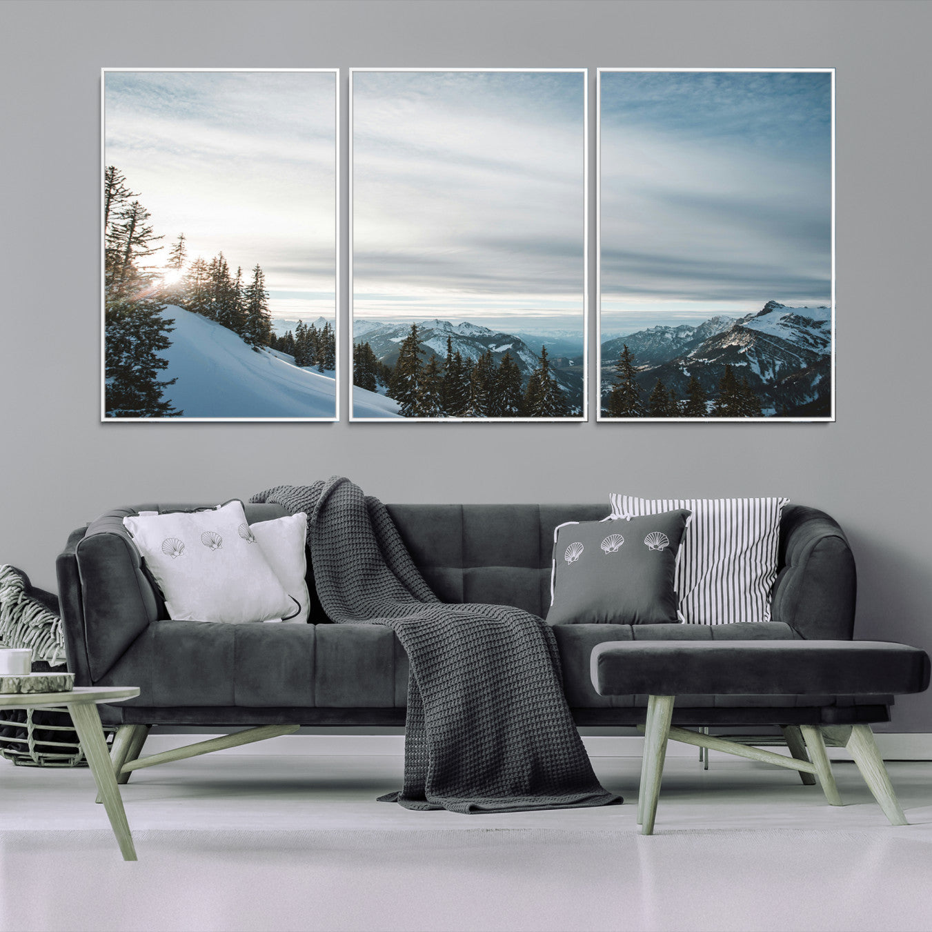 55564749-MGV-FC-60X30-3P-Snowy Mountain Wall Art Canvas Print – Frosty Peaks Alpine Landscape Winter Sky Nature Photography Artwork for Home Office