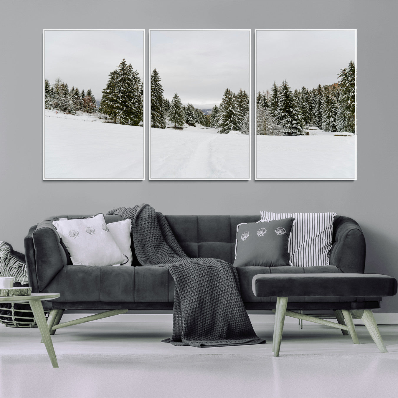 24581417-MGV-CV-36X24-Frosty Pines Wall Art Canvas Print – Framed Silent Snowfall Cozy Cabin Nordic Minimalist Winter Landscape Artwork for Home, Office