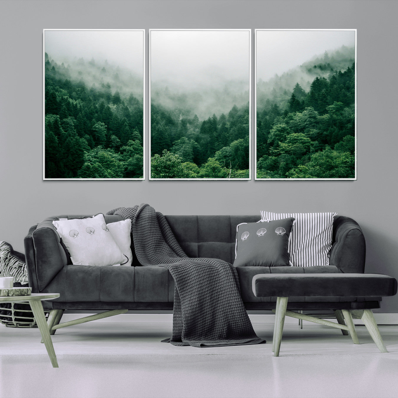 45265379-MGV-CV-36X24-Misty Green Forest Canvas Print – Framed Serene Foggy Pine Landscape Tranquil Nature Wall Art for Home, Office