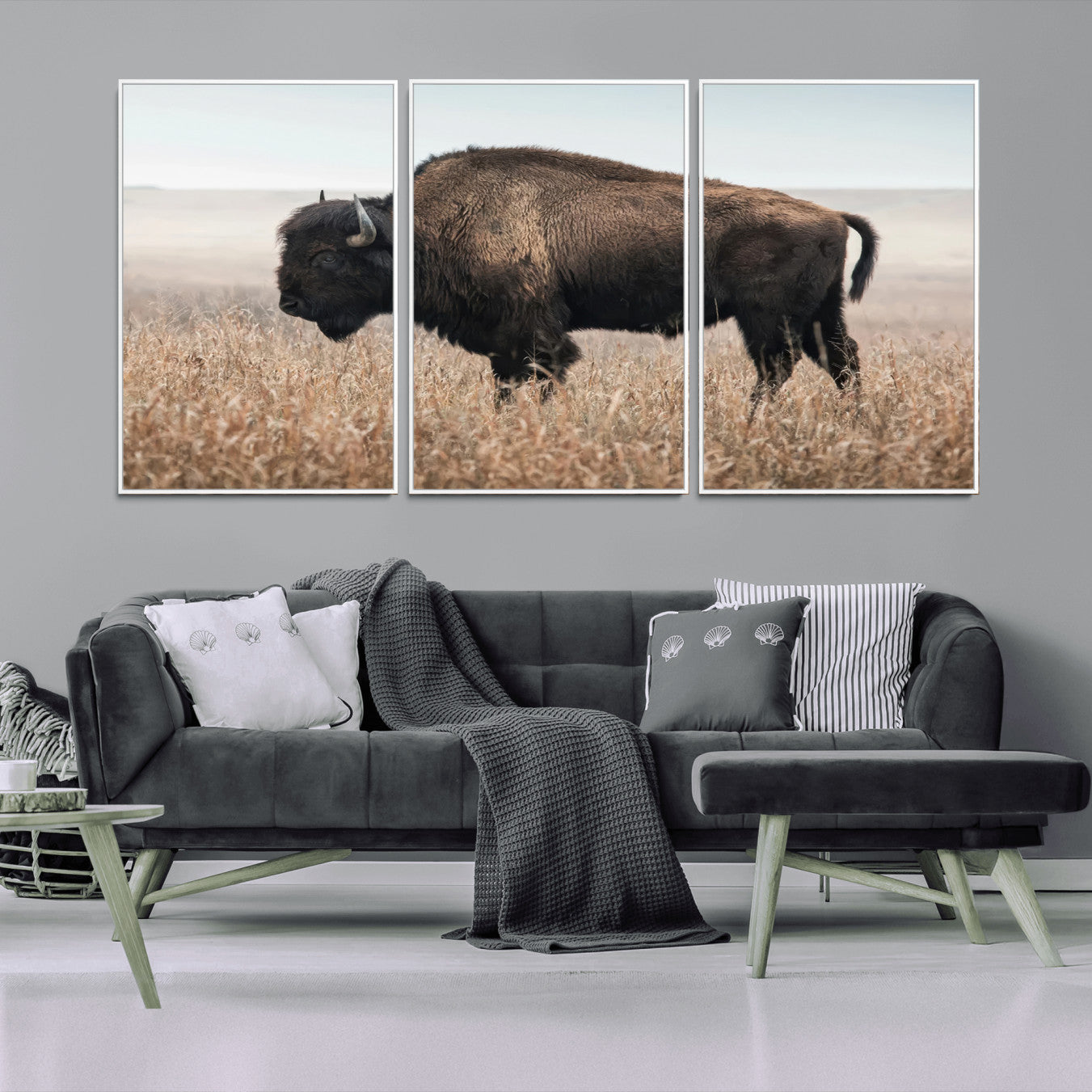 -American Bison Field Wall Art Canvas Print – Majestic Buffalo Grazing Wide Open Plains Wildlife Artwork for Home, Office