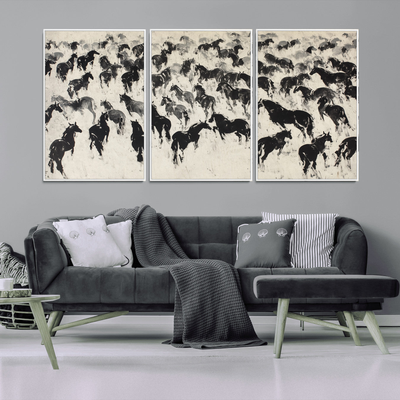 29265745-MGV-CV-36X24-Wild Horse Stampede Wall Art Canvas Print – Monochrome Running Horses Dynamic Motion Elegant Scene Artwork for Home, Office