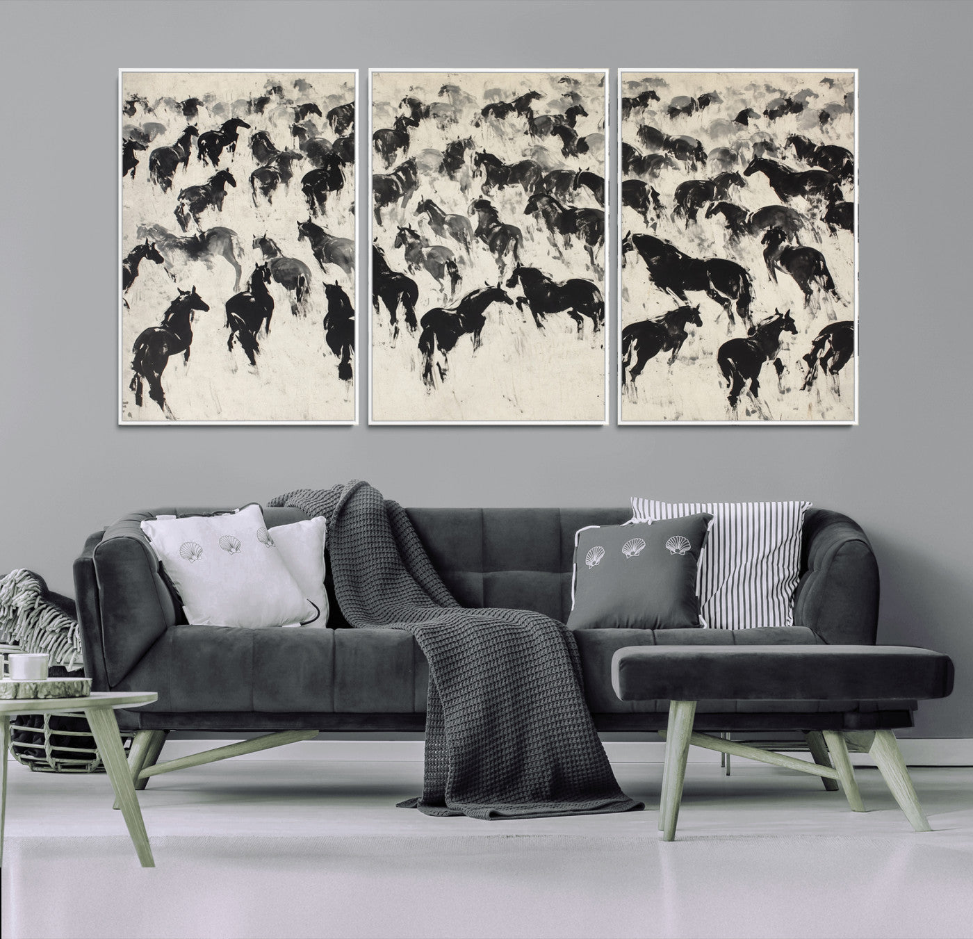 -Wild Horse Stampede Wall Art Canvas Print – Monochrome Running Horses Dynamic Motion Elegant Scene Artwork for Home, Office