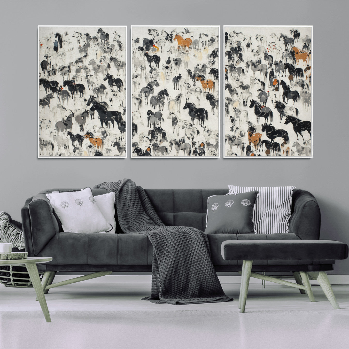 56463722-MGV-CV-36X24-Wild Horse Stampede Wall Art Canvas Print – Monochrome Running Horses Dynamic Motion Elegant Scene Artwork for Home, Office