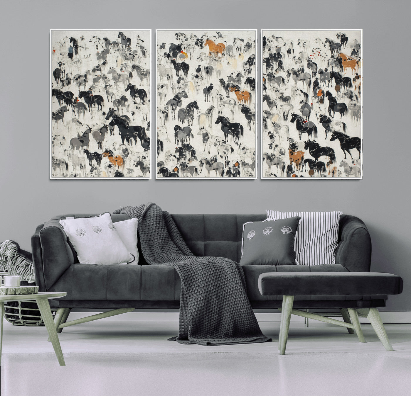 56463722-MGV-CV-36X24-Wild Horse Stampede Wall Art Canvas Print – Monochrome Running Horses Dynamic Motion Elegant Scene Artwork for Home, Office