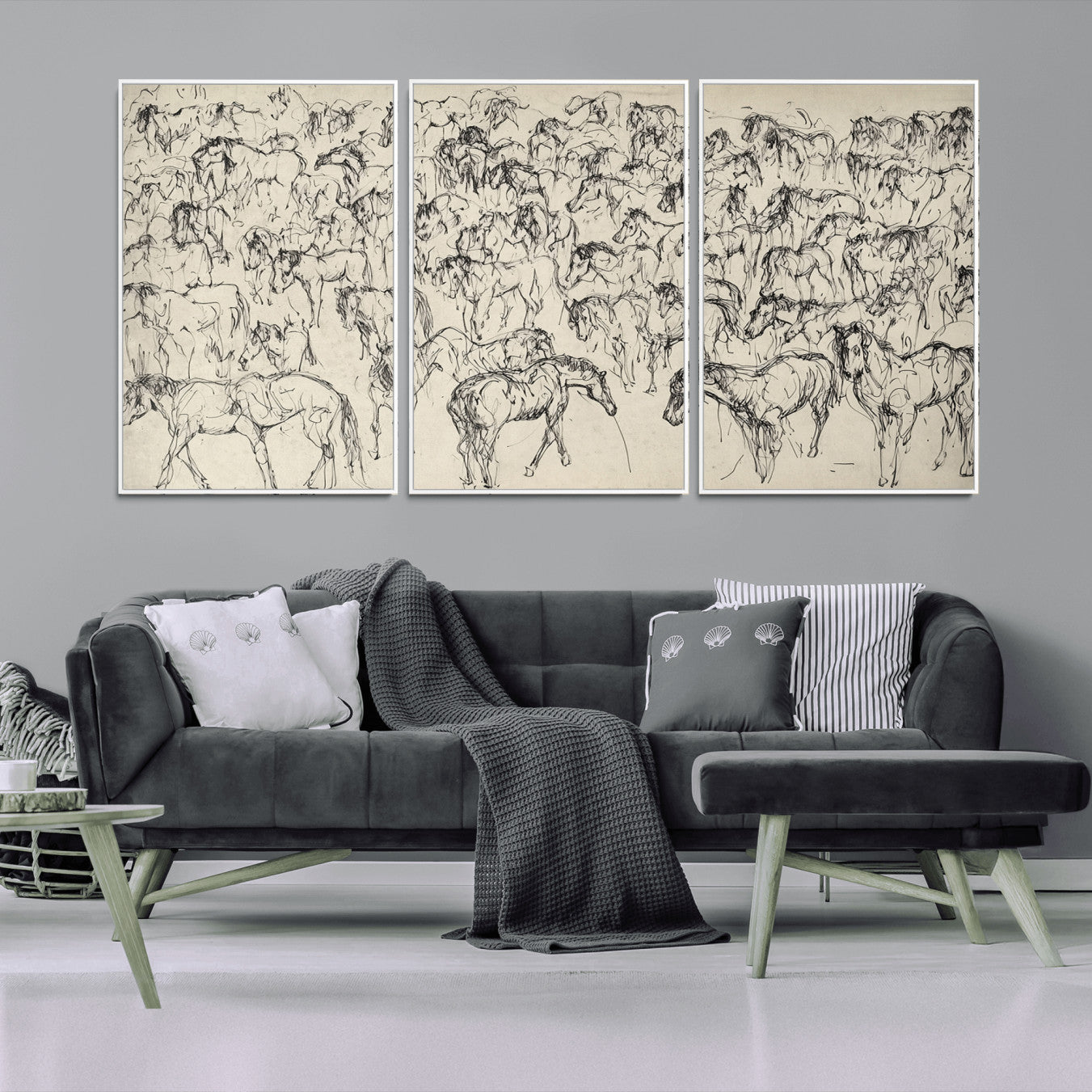 86653927-MGV-CV-36X24-Wild Horse Stampede Wall Art Canvas Print – Monochrome Running Horses Dynamic Motion Elegant Artwork for Home, Office