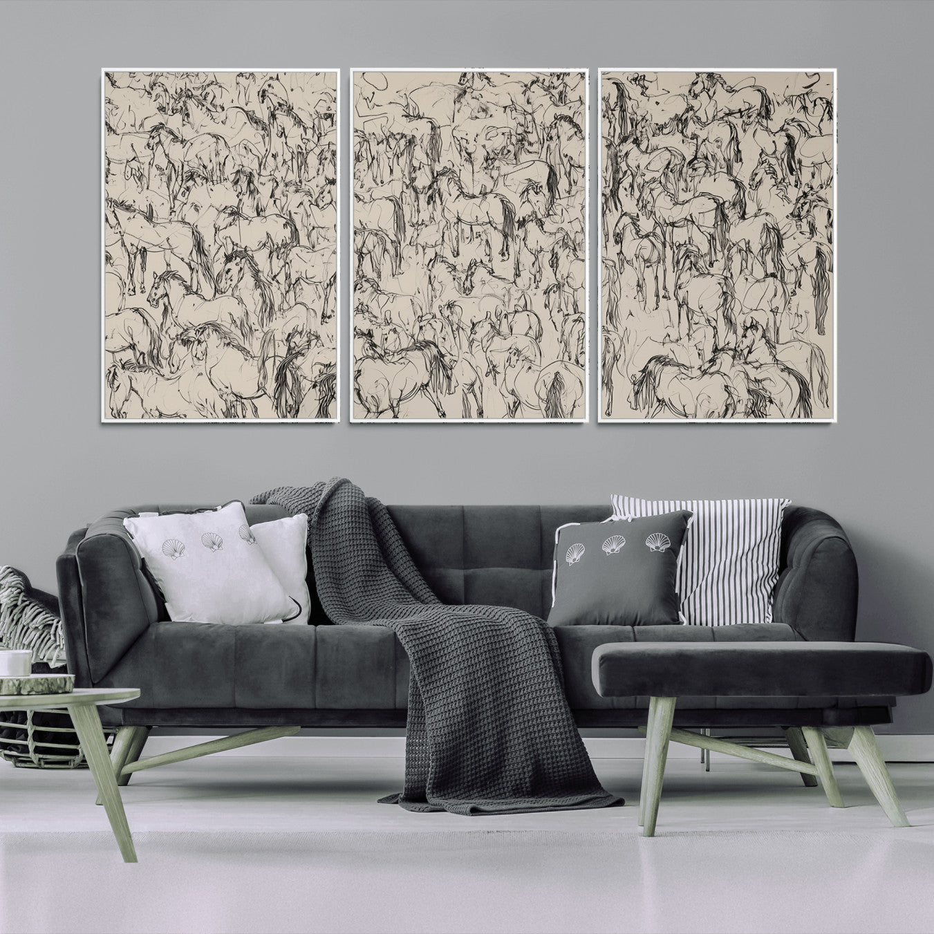 12358908-MGV-CV-36X24-Wild Horse Stampede Wall Art Canvas Print – Monochrome Running Horses Dynamic Motion Elegant Artwork for Home, Office