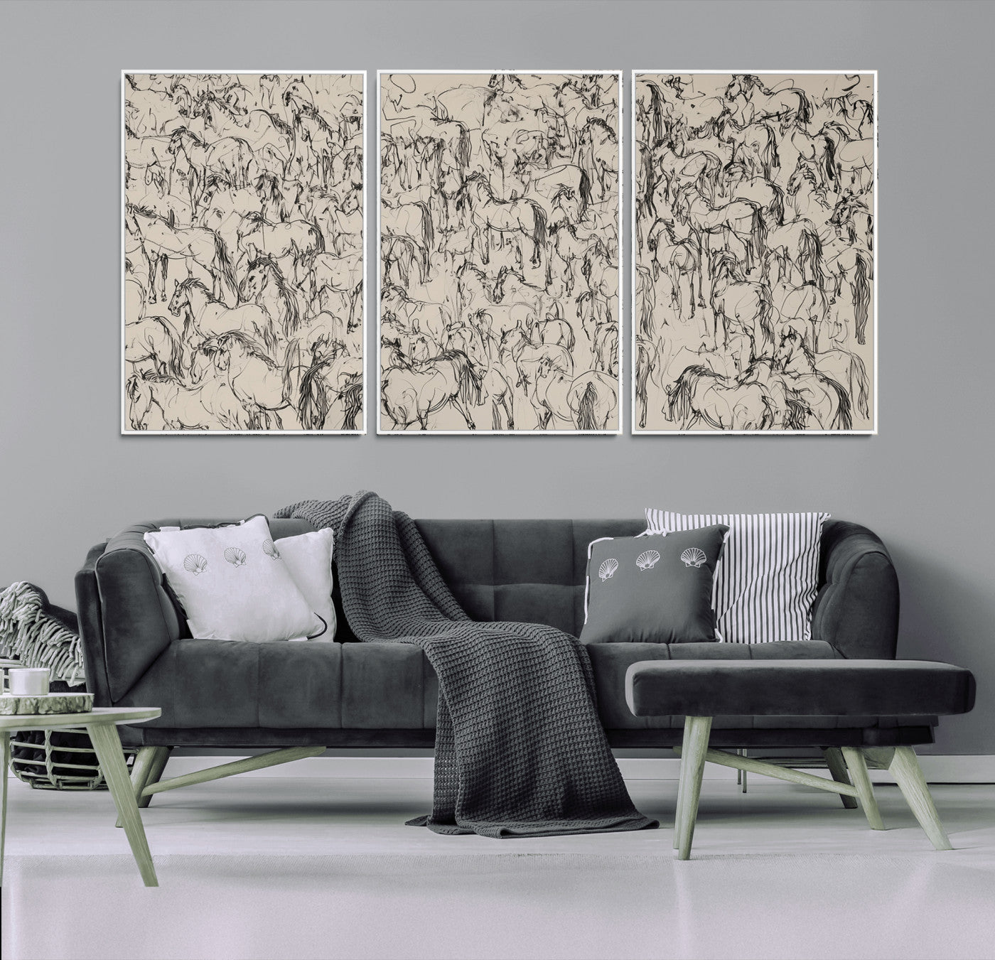 12358908-MGV-CV-36X24-Wild Horse Stampede Wall Art Canvas Print – Monochrome Running Horses Dynamic Motion Elegant Artwork for Home, Office