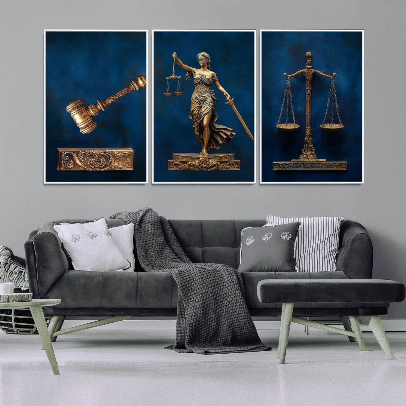 91629053-MGV-CV-36X24-Lady Justice Wall Art Canvas Print – Elegant Gold Legal Symbols Blue Background Artwork for Home, Office, Living Room