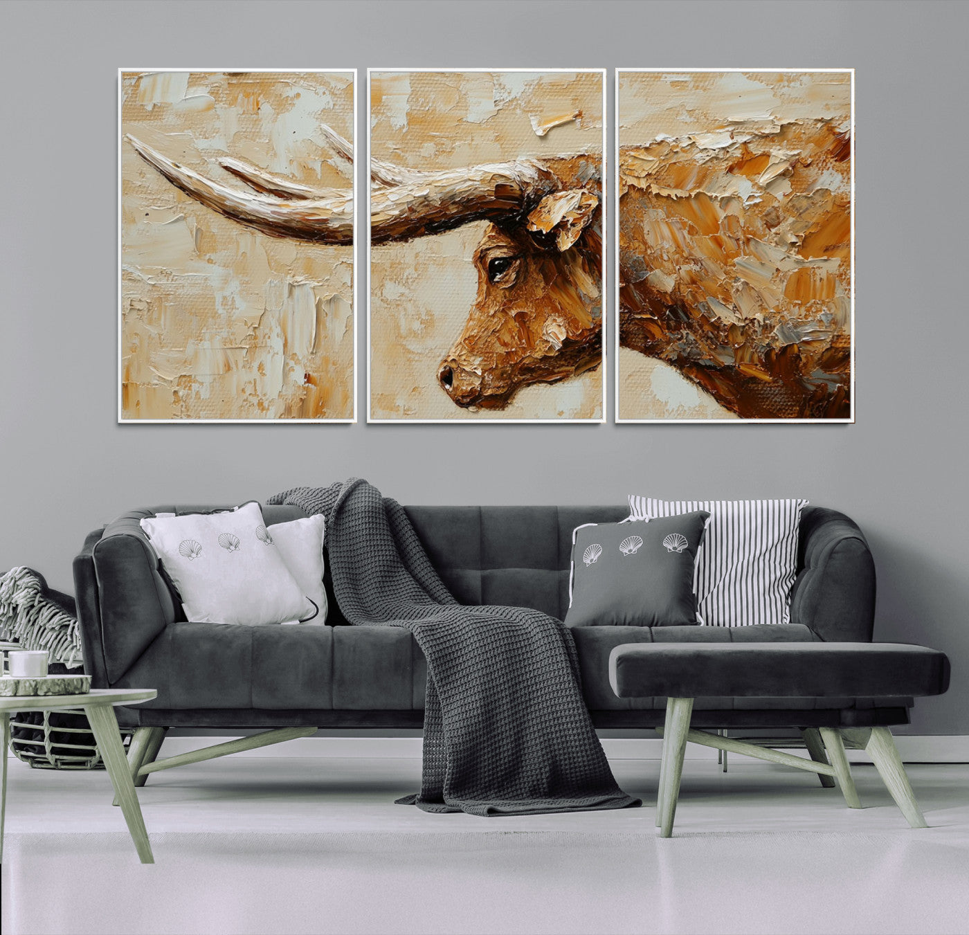 69611428-MGV-FC-60X30-3P-Rustic Longhorn Bull Wall Art Canvas Print – Vintage Western Cattle Texas Steer Scene Artwork for home, office