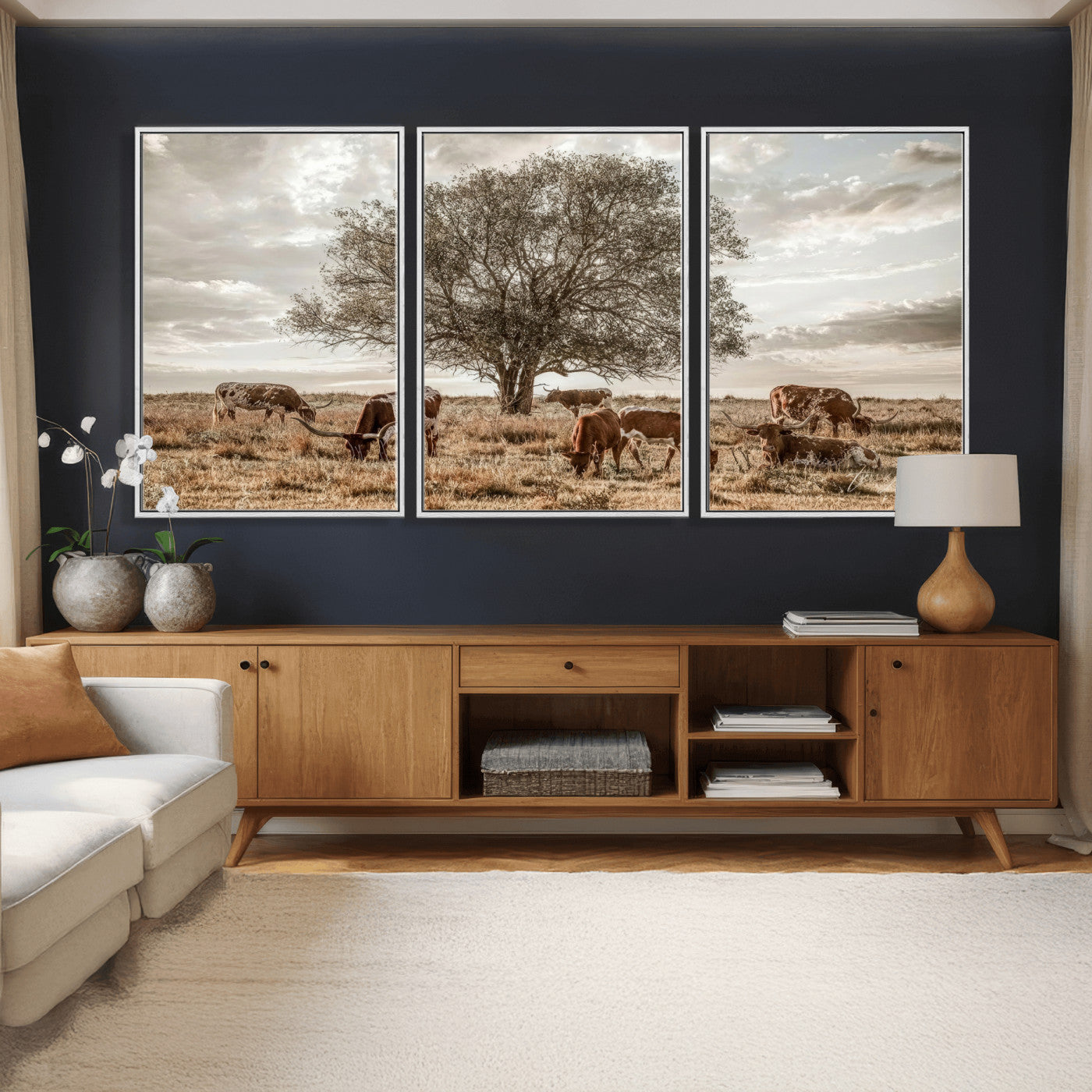 87590224-MGV-CV-36X24 - Texas Longhorn Cattle Wall Art Canvas Print – Rustic Western Ranch Scene with Steers at Sunset, Perfect for Farmhouse or Cowboy Decor