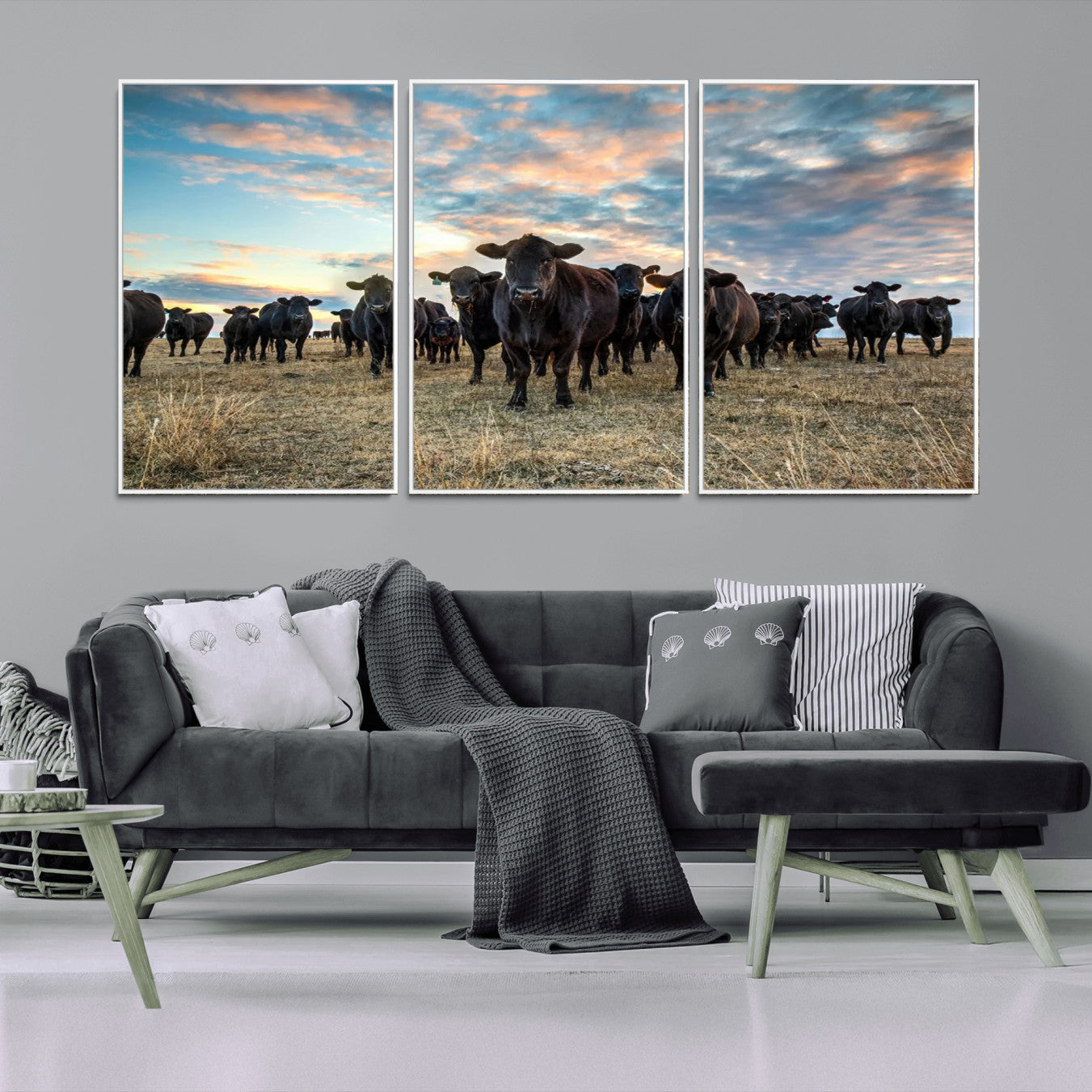 13867292-MGV-FC-60X30-3P_White-Texas Longhorn Cattle Wall Art Canvas Print – Rustic Western Ranch Scene with Steers Sunset for Home, Office