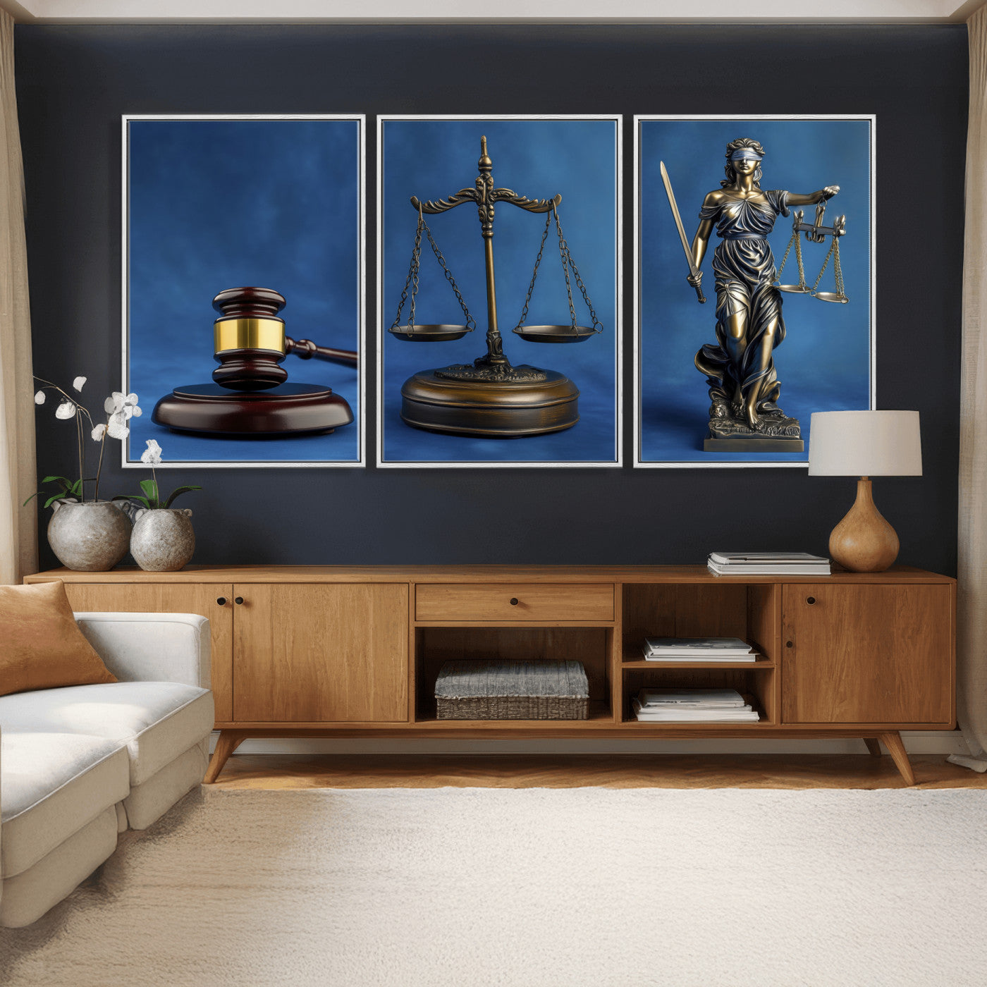 27565987-MGV-CV-60X30-3P - Legal Justice Wall Art Canvas – Gavel, Scales & Lady Justice with Courtroom Canvas Print for Law Office or Lawyer Gifts