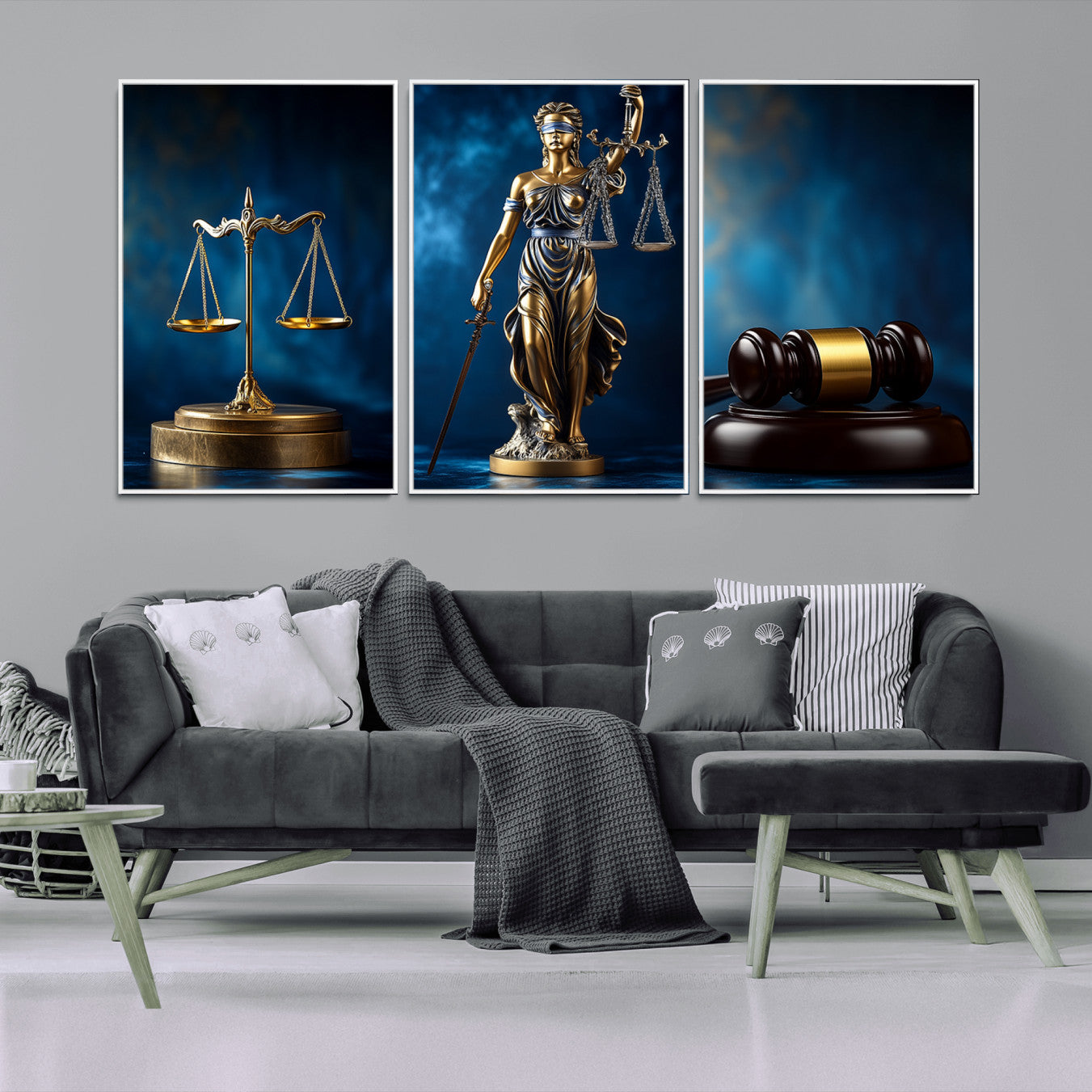 33888279-MGV-FP-36X24-3P_Walnut-Lady Justice Wall Art Canvas Print – Elegant Gold Legal Symbols Blue Background, Perfect for Law
