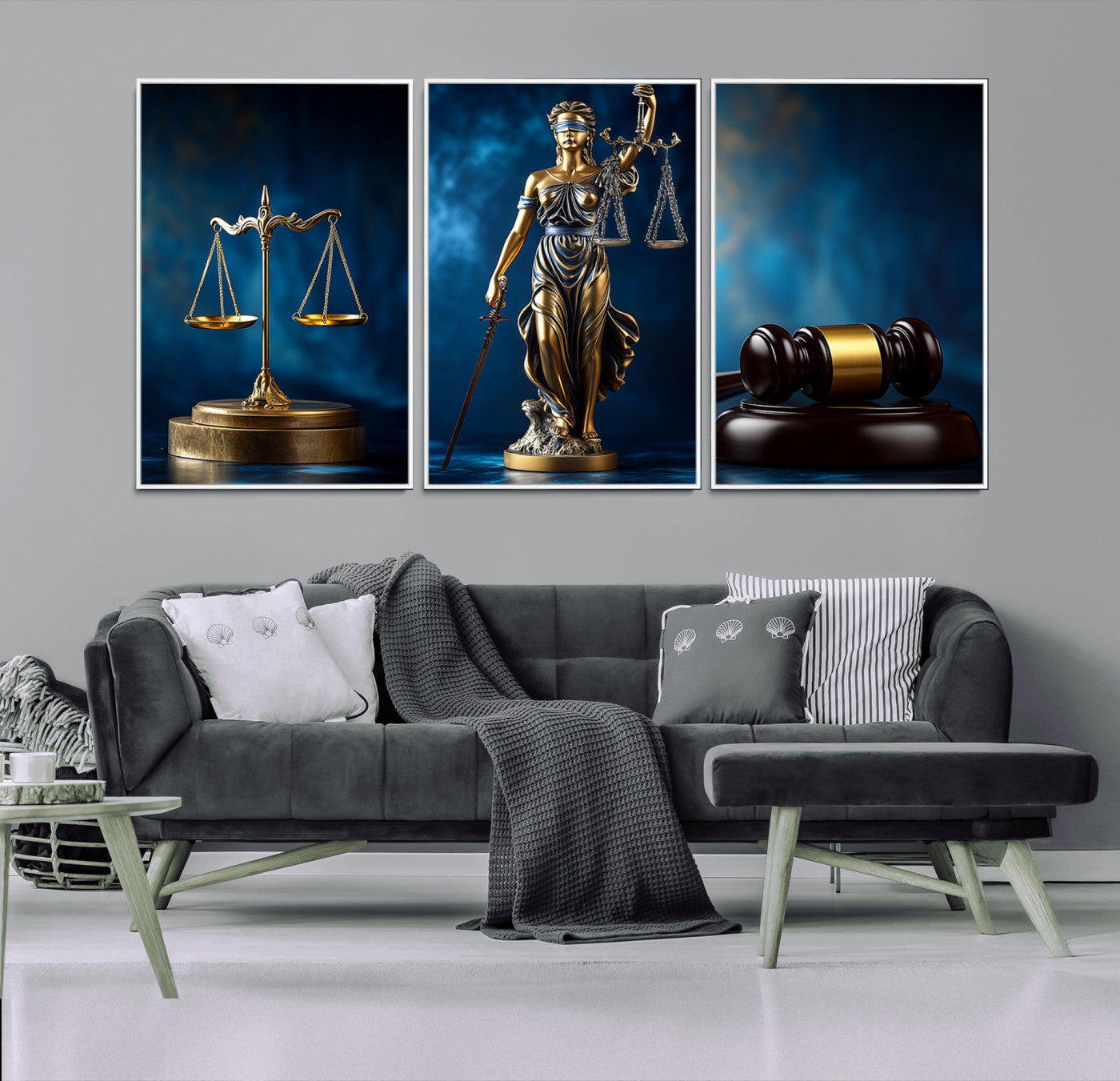 33888279-MGV-FP-36X24-3P_Walnut-Lady Justice Wall Art Canvas Print – Elegant Gold Legal Symbols Blue Background, Perfect for Law