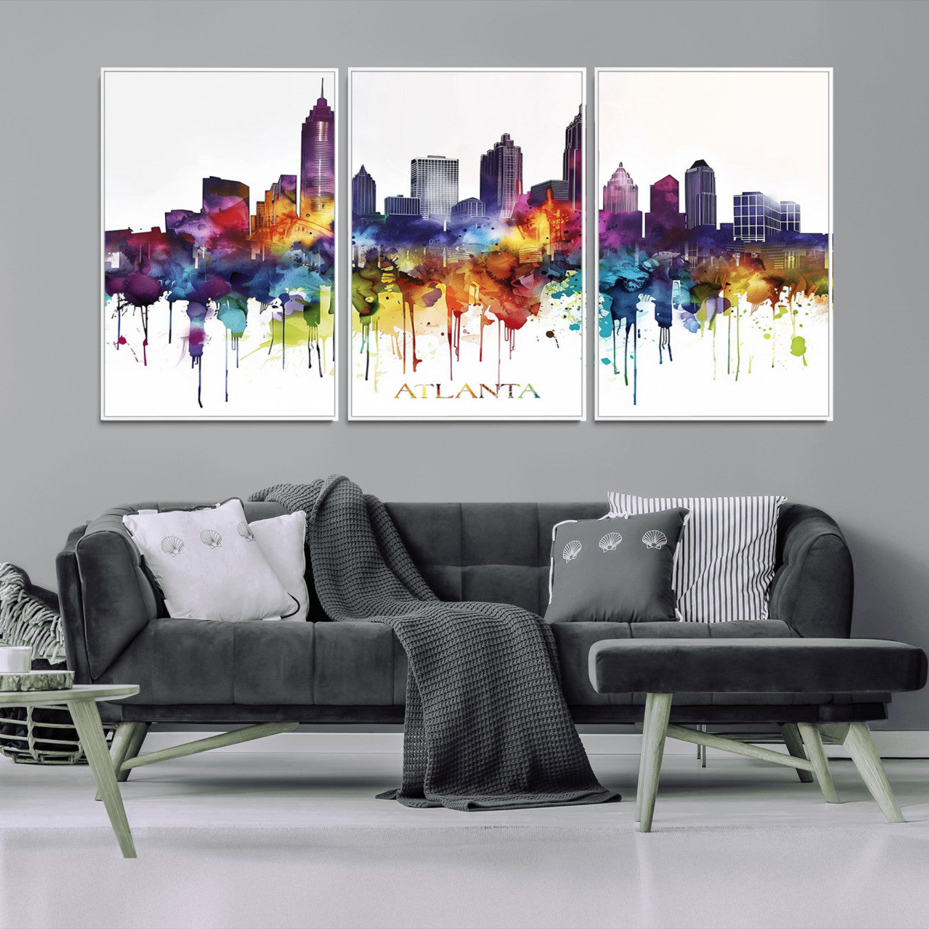 36048320-MGV-FC-60X30-3P_White-Atlanta Skyline Wall Art Canvas Print – Framed Colorful Watercolor Cityscape Abstract Urban Artwork for Home, Office