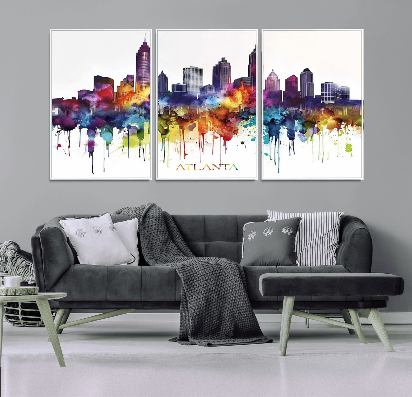 36048320-MGV-FC-60X30-3P_White-Atlanta Skyline Wall Art Canvas Print – Framed Colorful Watercolor Cityscape Abstract Urban Artwork for Home, Office