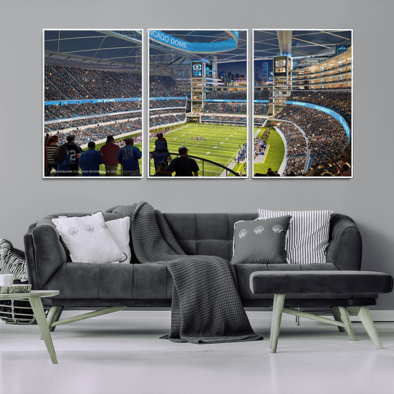 41816511-MGV-FC-60X30-3P_White-Chicago Dome Stadium Wall Art Canvas Print – Framed Modern Football Arena City Skyline Artwork for Home, Office
