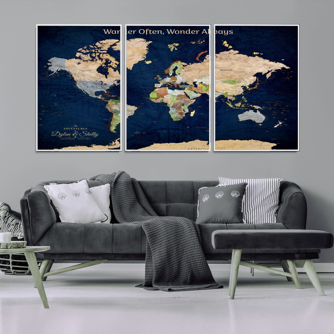 Rehber01-MGV-CV-36X24-Personalized World Map Canvas – Custom Framed Push Pin Travel Map Wall Art, Navy Blue Vintage Gift for Couples and Adventurers