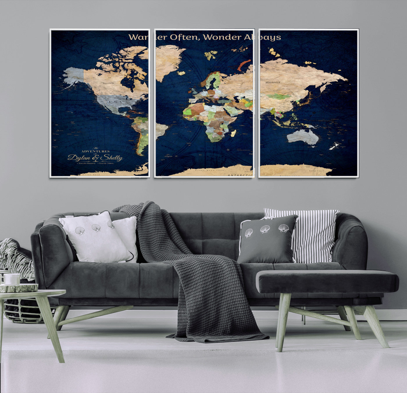 Rehber01-MGV-CV-36X24-Personalized World Map Canvas – Custom Framed Push Pin Travel Map Wall Art, Navy Blue Vintage Gift for Couples and Adventurers