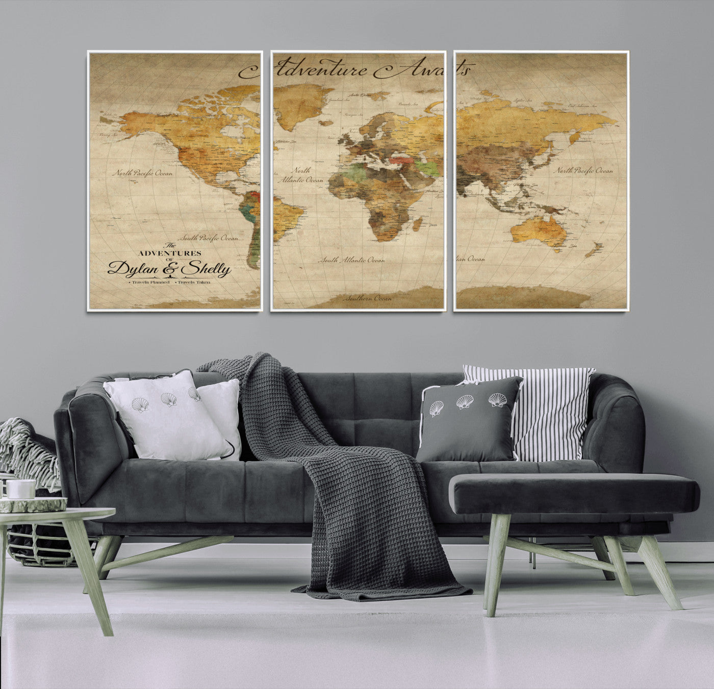 50298017-MGV-FC-60X30-3P_White-Personalized World Map Canvas – Custom Framed Push Pin Travel Map Wall Art, Vintage Style Gift for Couples and Travelers