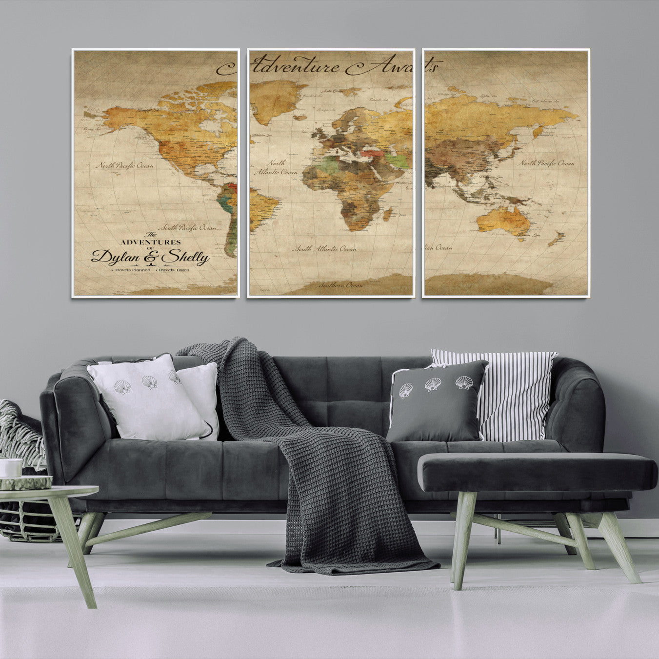 Rehber01-MGV-CV-36X24-Personalized World Map Canvas – Custom Framed Push Pin Travel Map Wall Art, Rustic Vintage Gift for Couples and Travel Lovers