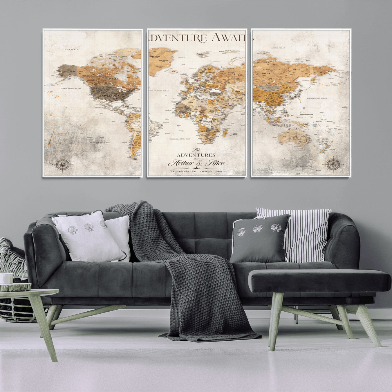 Rehber01-MGV-CV-36X24-Personalized World Map Canvas Print – Custom Push Pin Travel Map Vintage Neutral Style Gift for Couples Travelers for Home Office