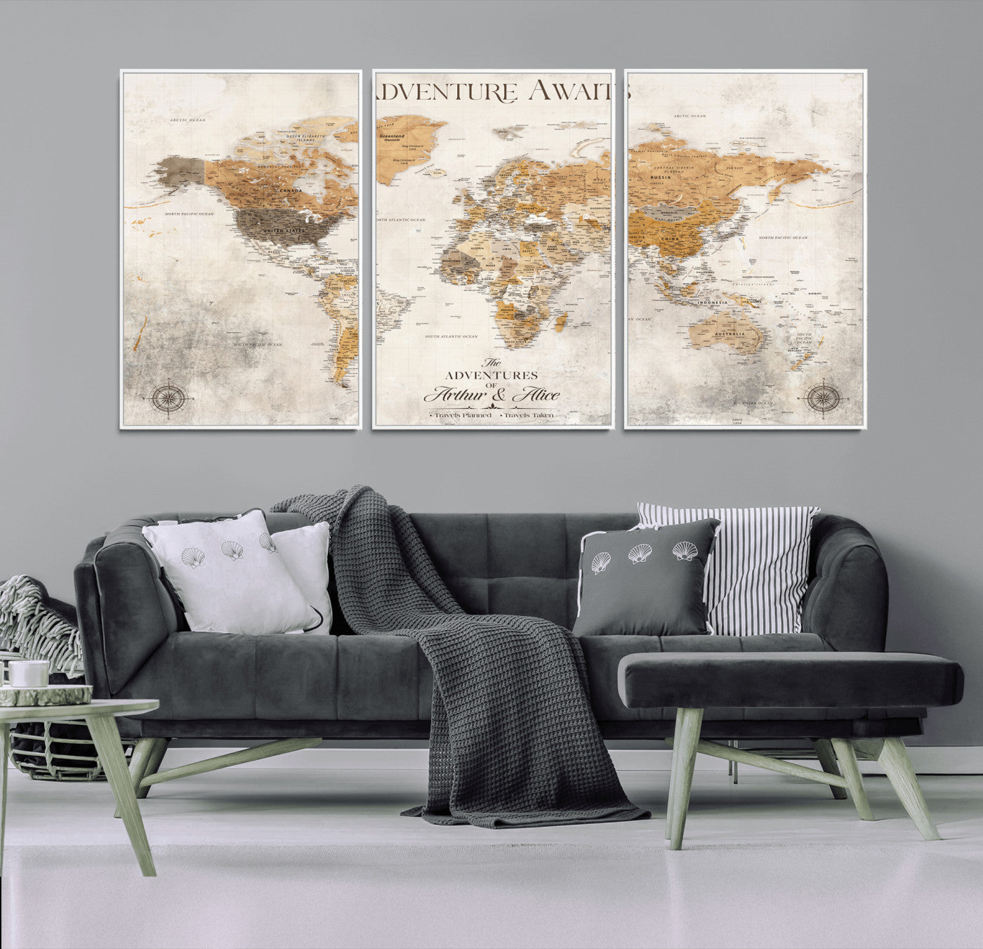 Rehber01-MGV-CV-36X24-Personalized World Map Canvas Print – Custom Push Pin Travel Map Vintage Neutral Style Gift for Couples Travelers for Home Office