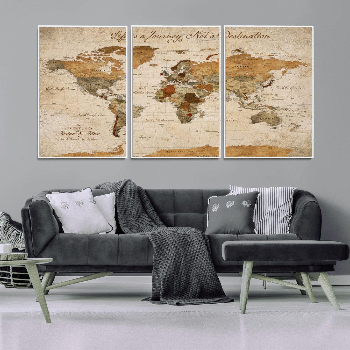 Rehber01-MGV-CV-36X24-Personalized Vintage World Map Canvas – Custom Framed Push Pin Travel Map Wall Art, Rustic Gift for Couples and Travel Lovers