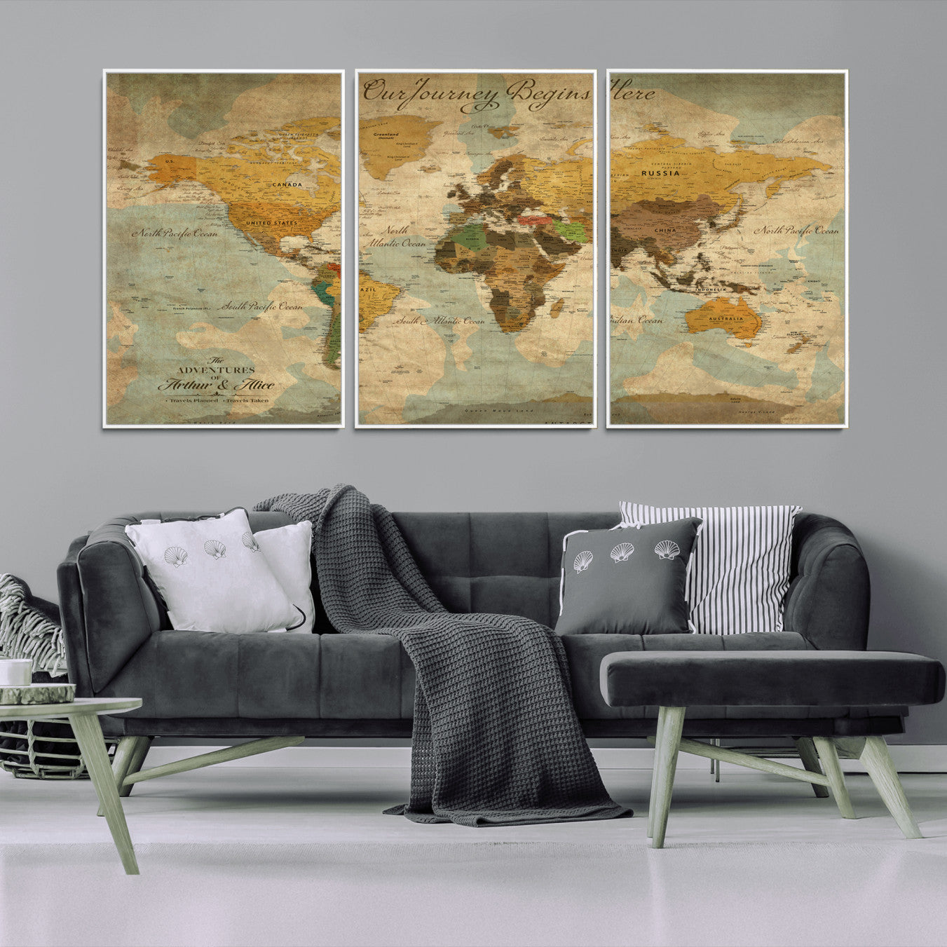 40572820-MGV-FC-60X30-3P_White-Personalized World Map Canvas – Custom Framed Push Pin Travel Map Wall Art, Vintage Style Gift for Couples