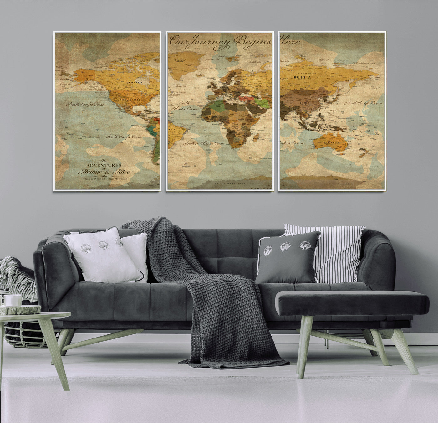 40572820-MGV-FC-60X30-3P_White-Personalized World Map Canvas – Custom Framed Push Pin Travel Map Wall Art, Vintage Style Gift for Couples